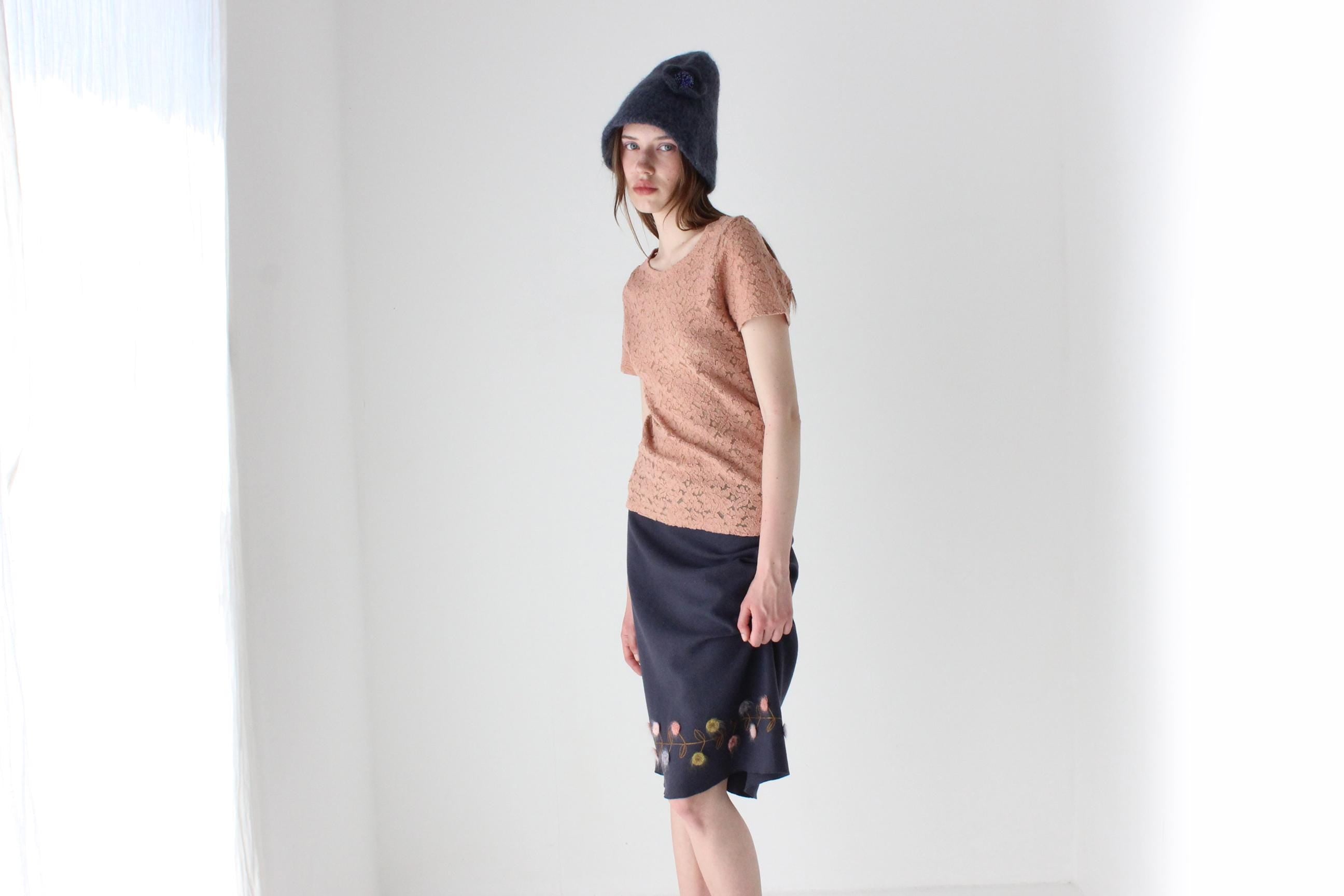 90s Mohair Felt Knit Hat w/ Beaded Flower