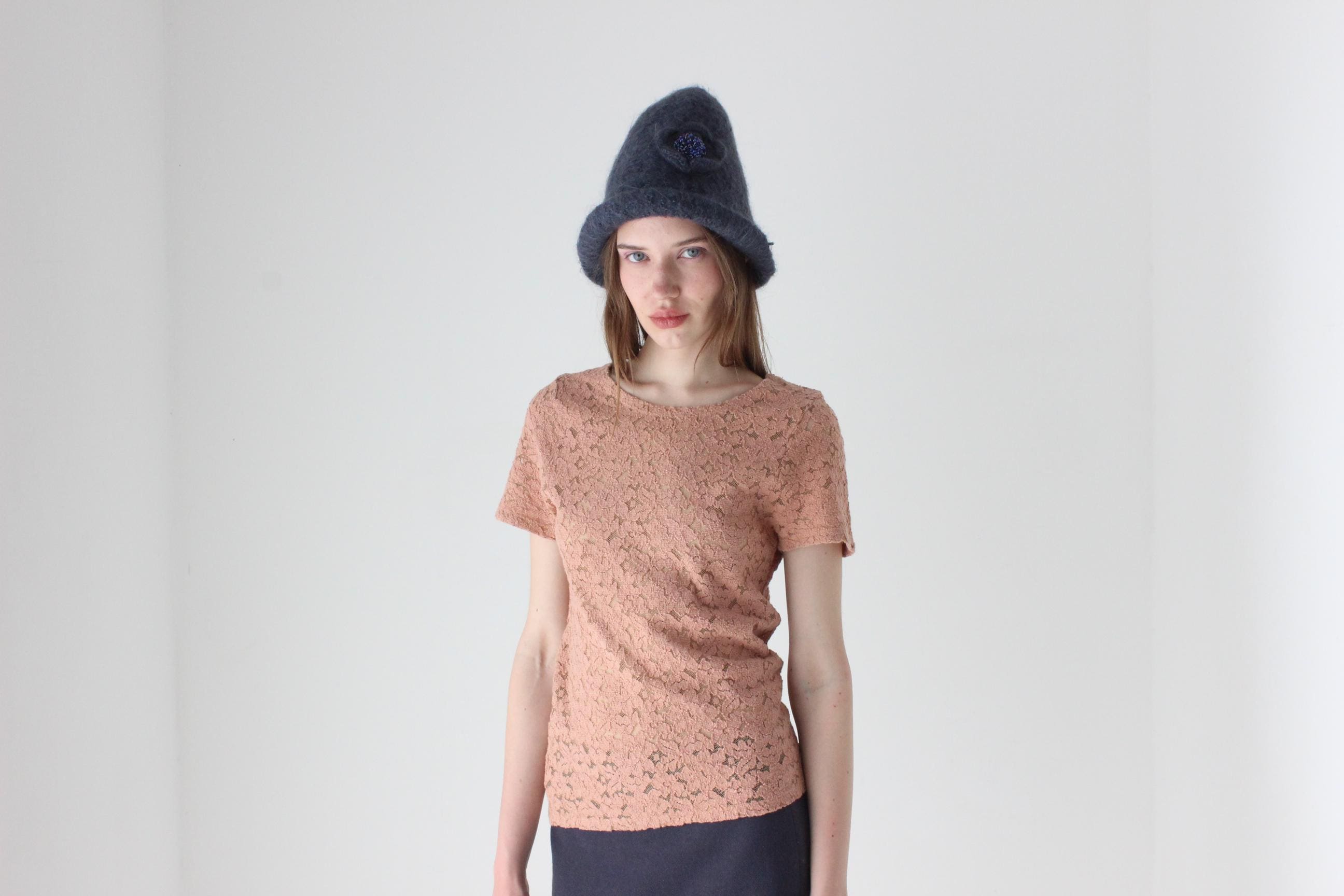 90s Mohair Felt Knit Hat w/ Beaded Flower