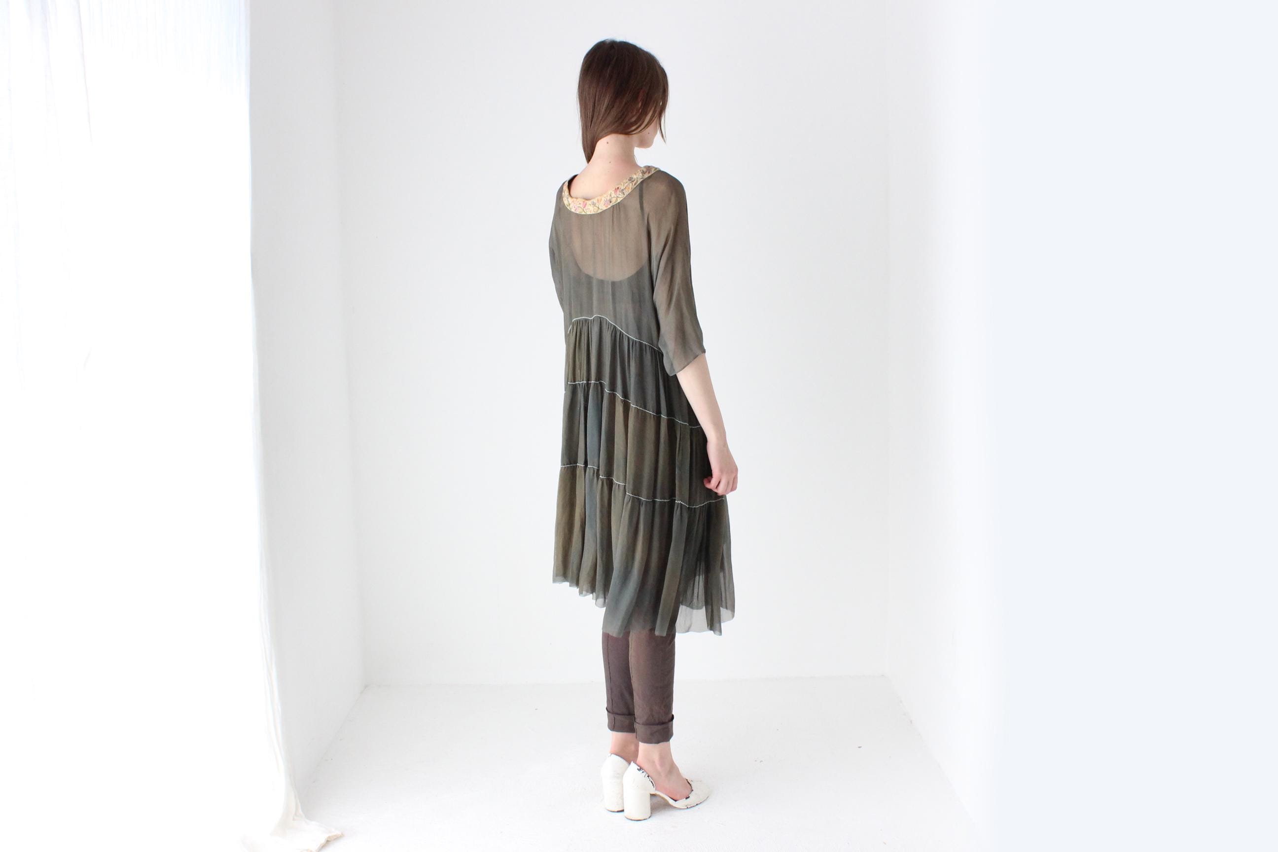 Antique Silk Delicate Sheer Ruffle Dress