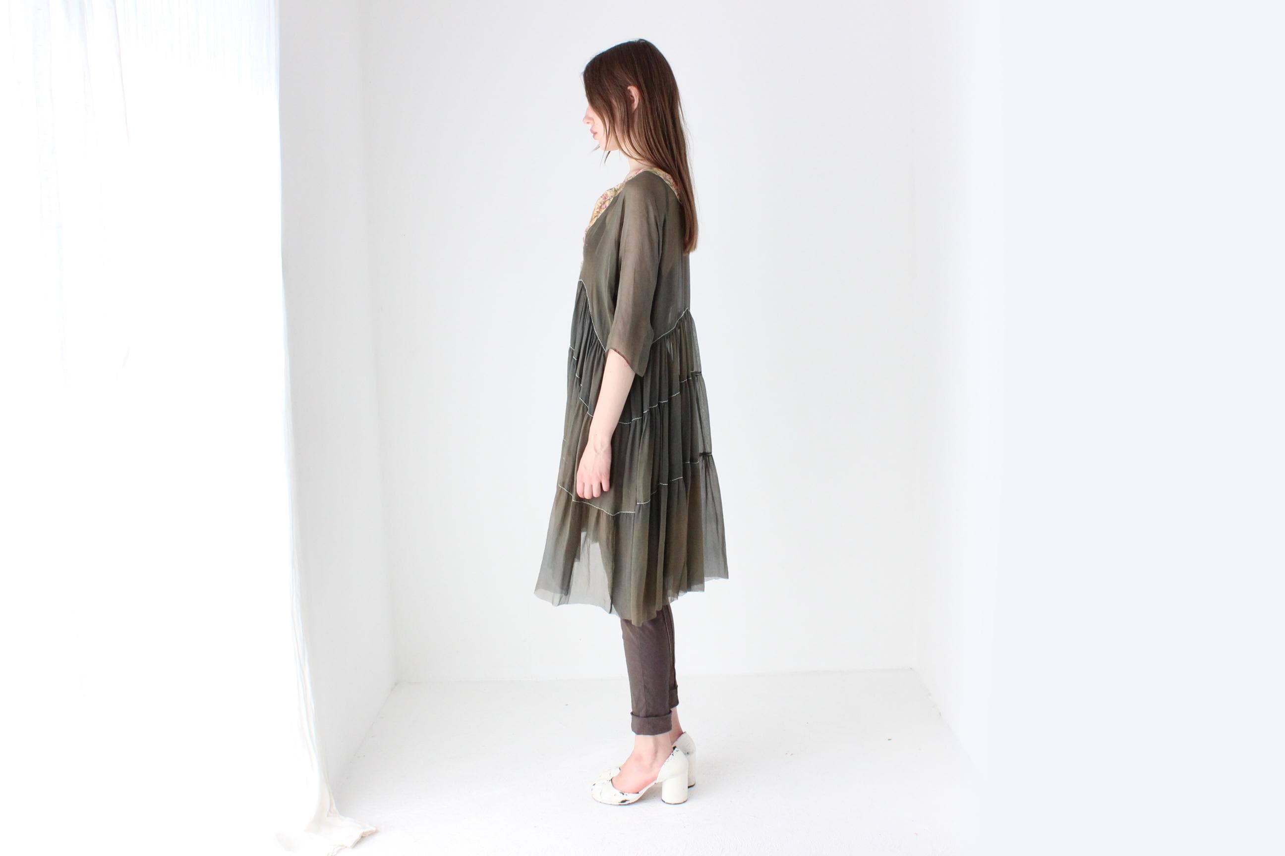 Antique Silk Delicate Sheer Ruffle Dress