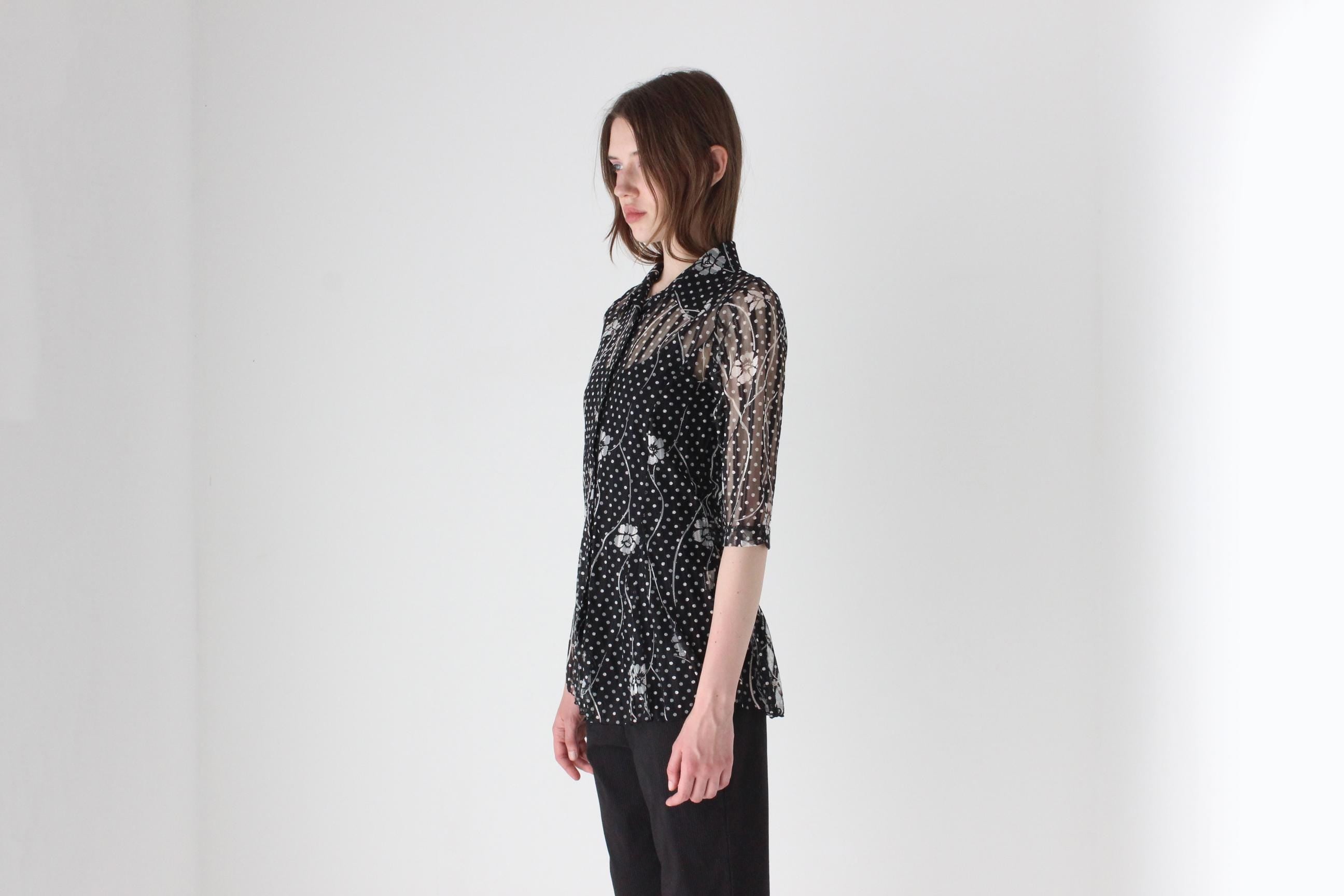 Y2K Arty, Abstract Sheer Printed Mesh Button Up