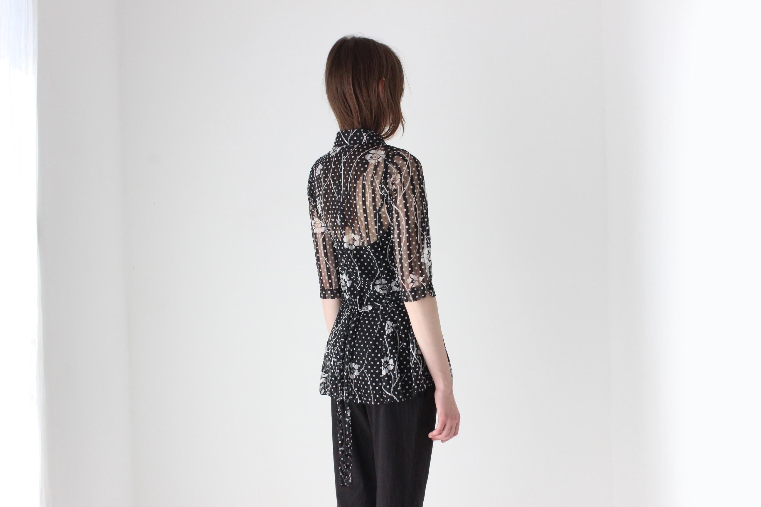 Y2K Arty, Abstract Sheer Printed Mesh Button Up