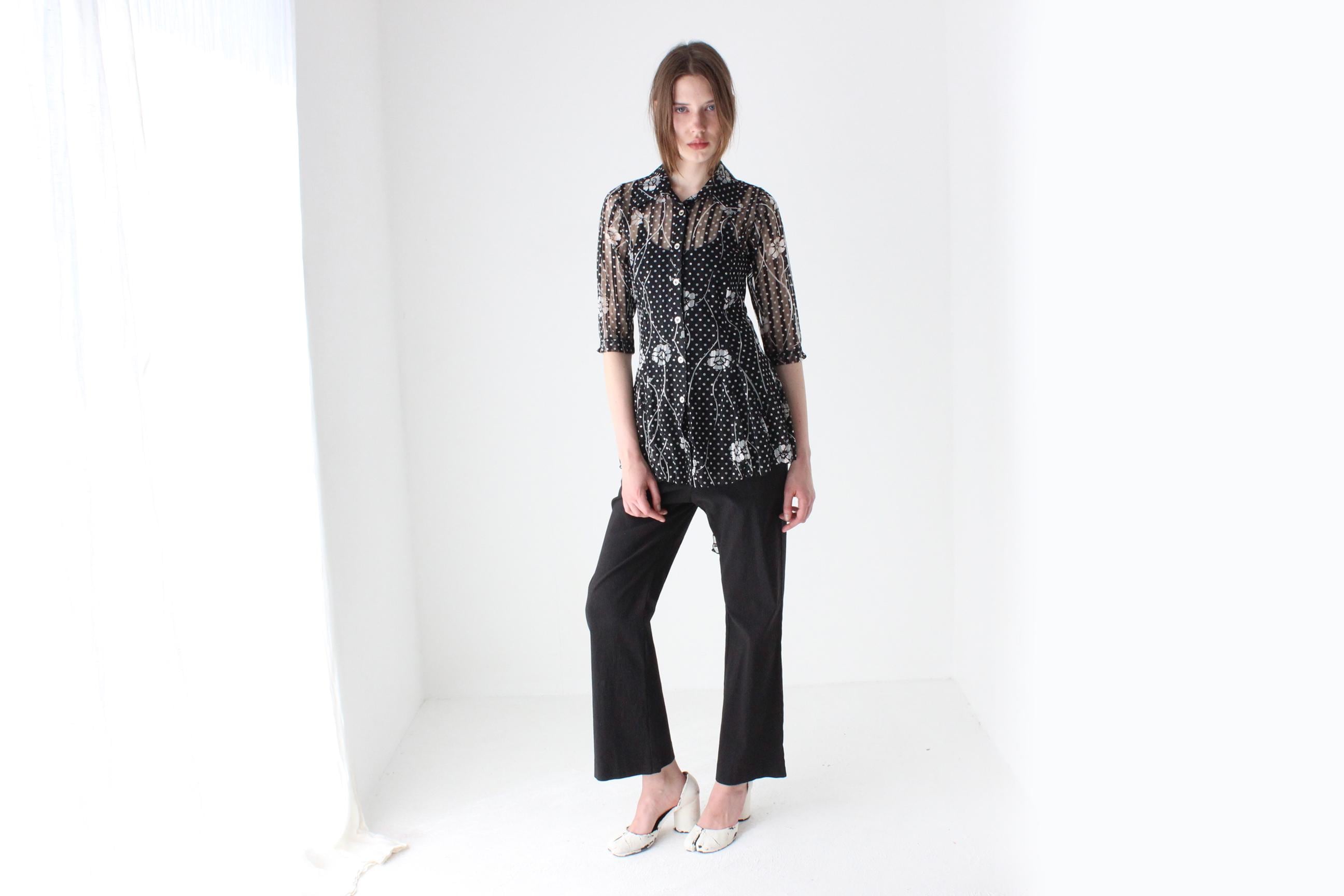 Y2K Arty, Abstract Sheer Printed Mesh Button Up