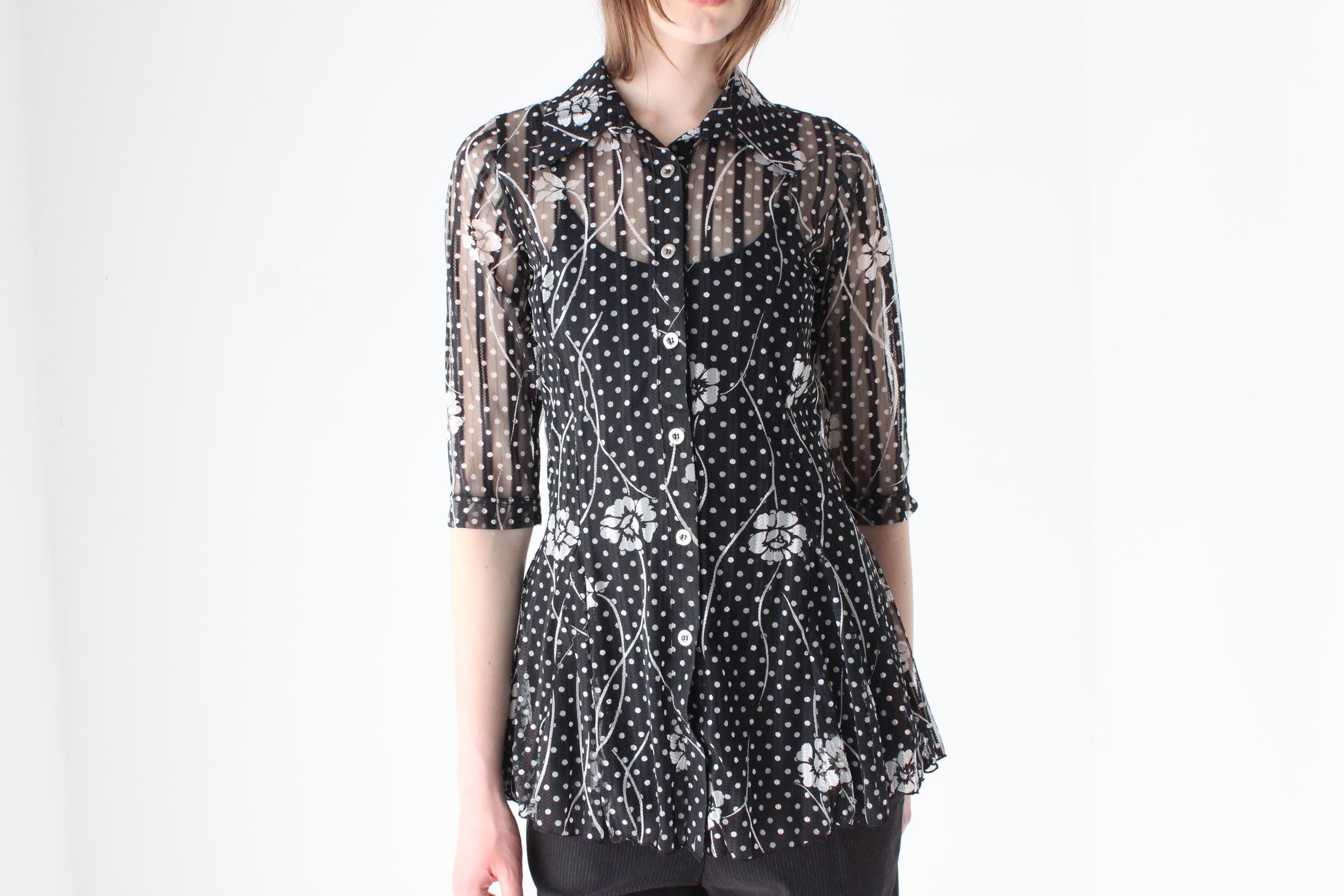 Y2K Arty, Abstract Sheer Printed Mesh Button Up