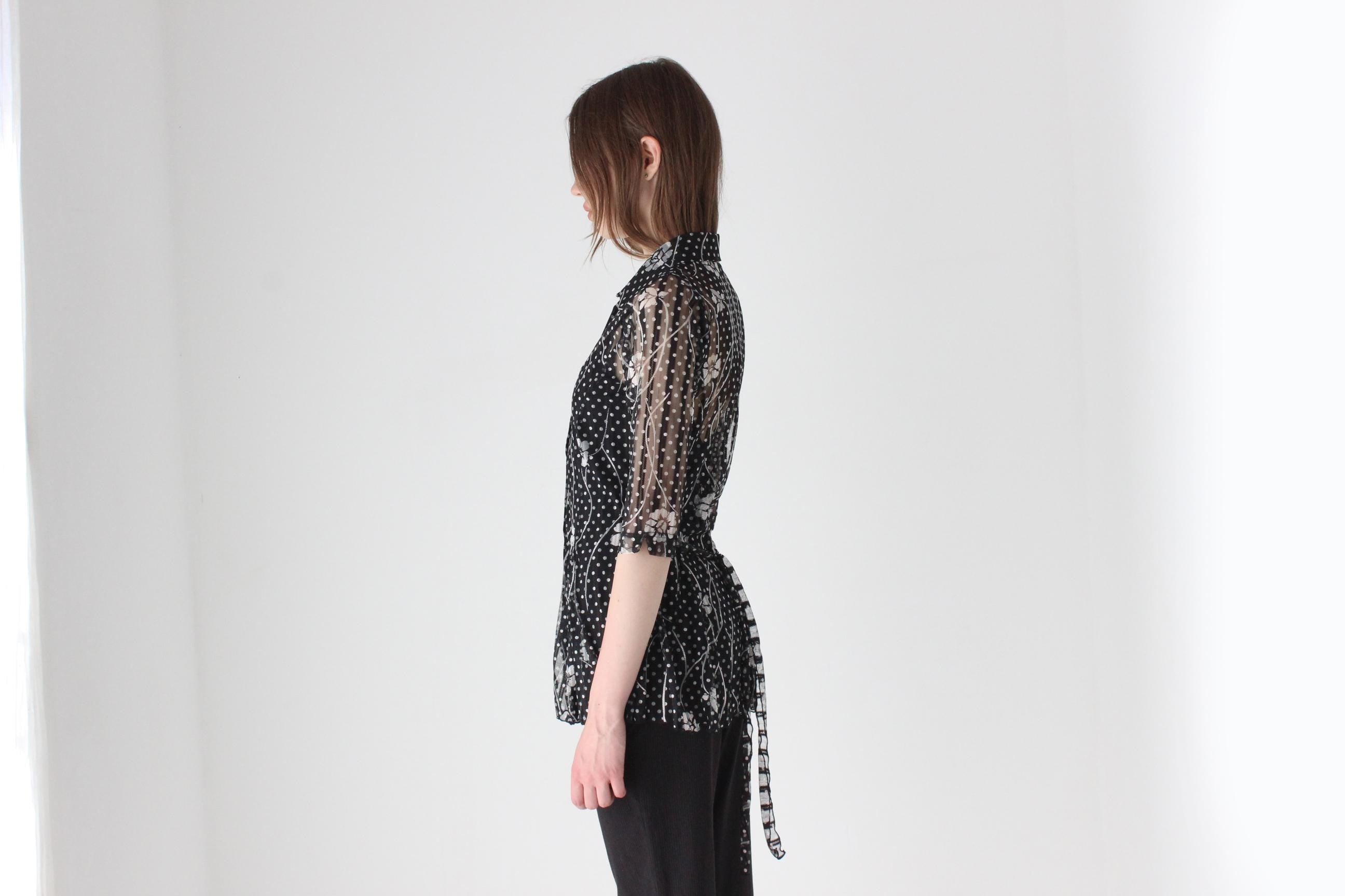 Y2K Arty, Abstract Sheer Printed Mesh Button Up