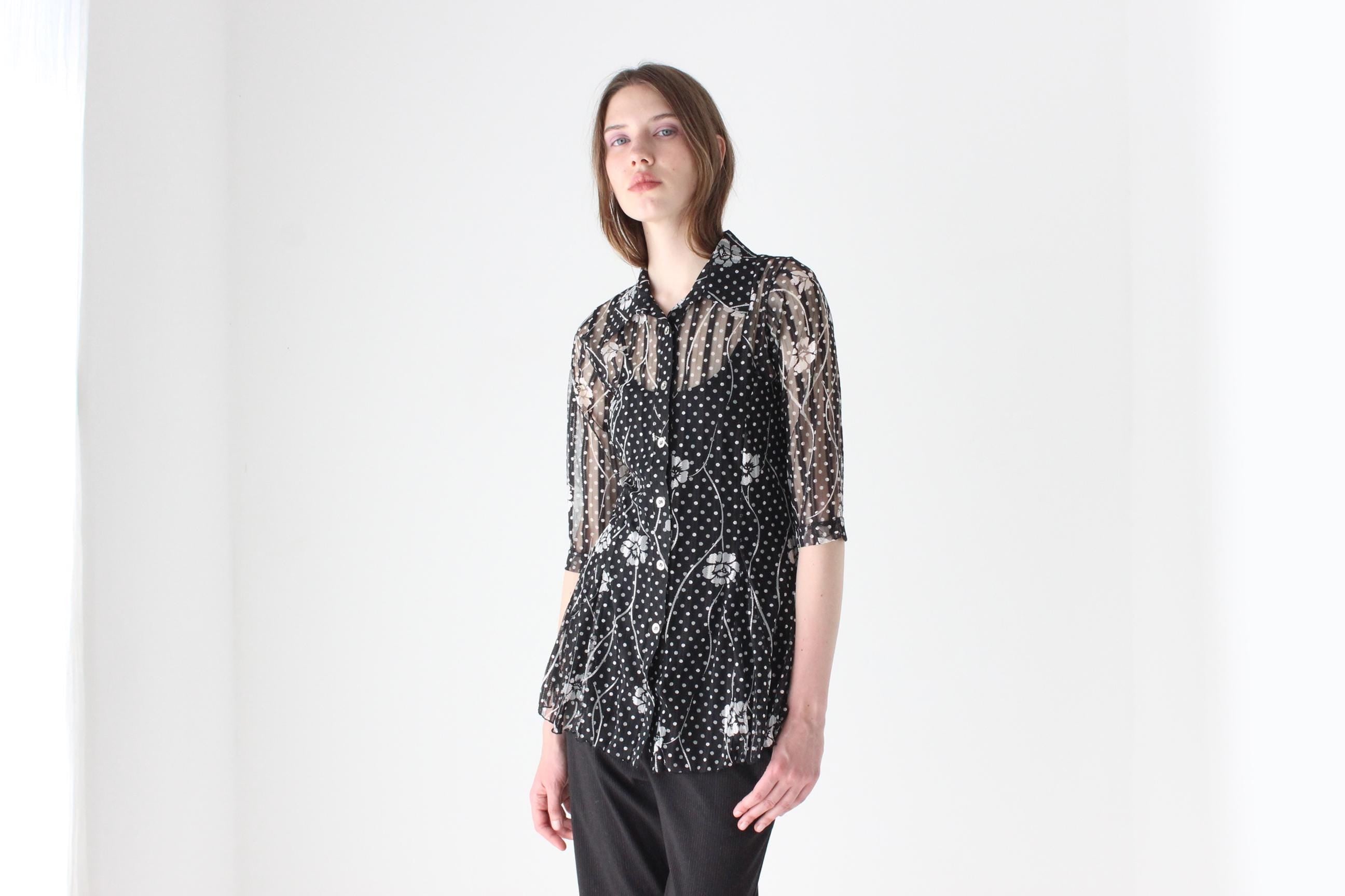 Y2K Arty, Abstract Sheer Printed Mesh Button Up