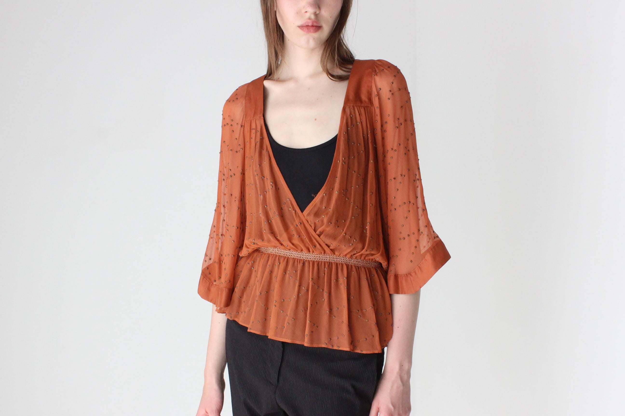 Early 2000s Sportsgirl Quality Silk Boho Top w/ Brass Studs