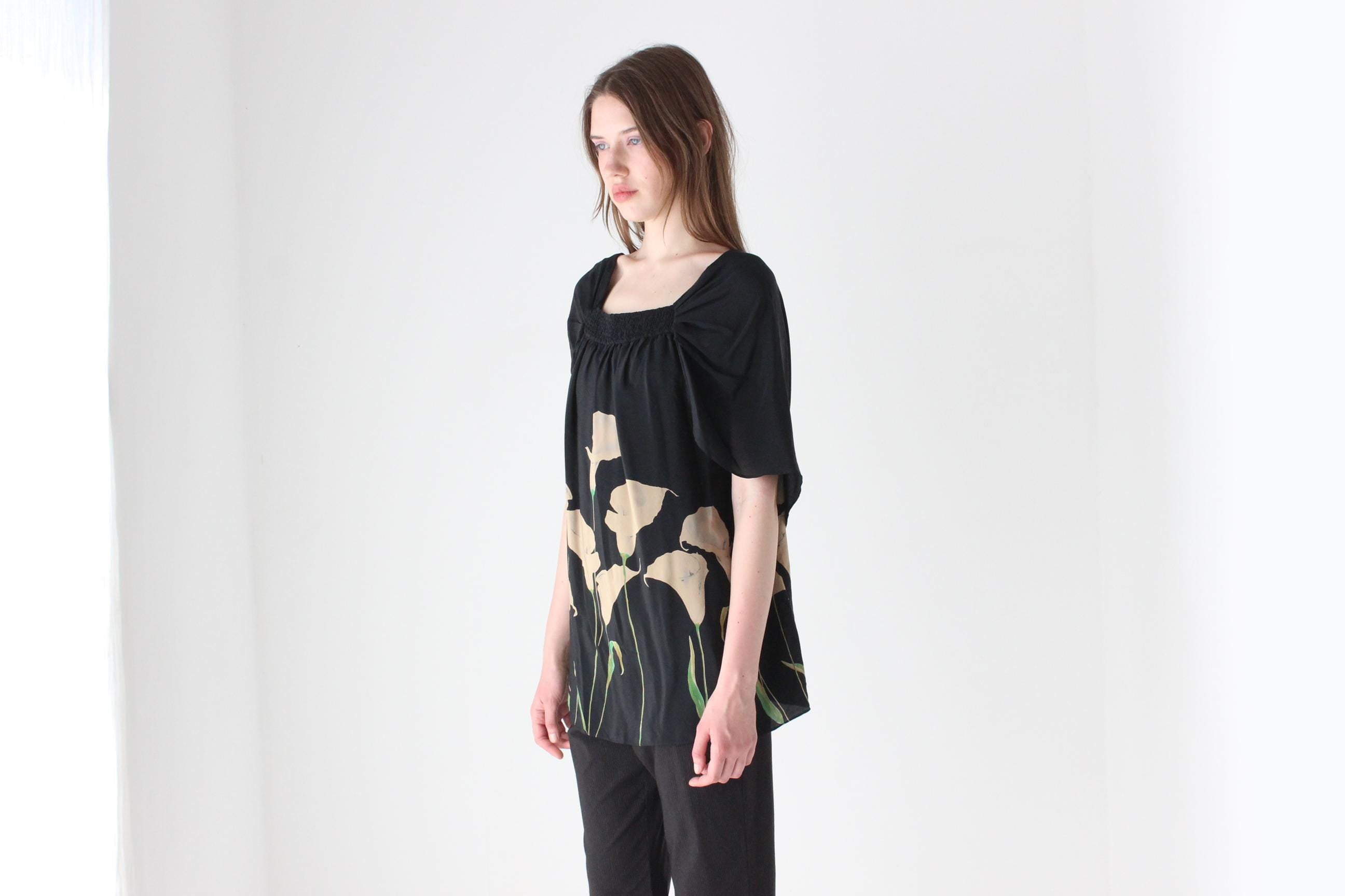 Y2K Pure Silk Painterly Calla Lili Top