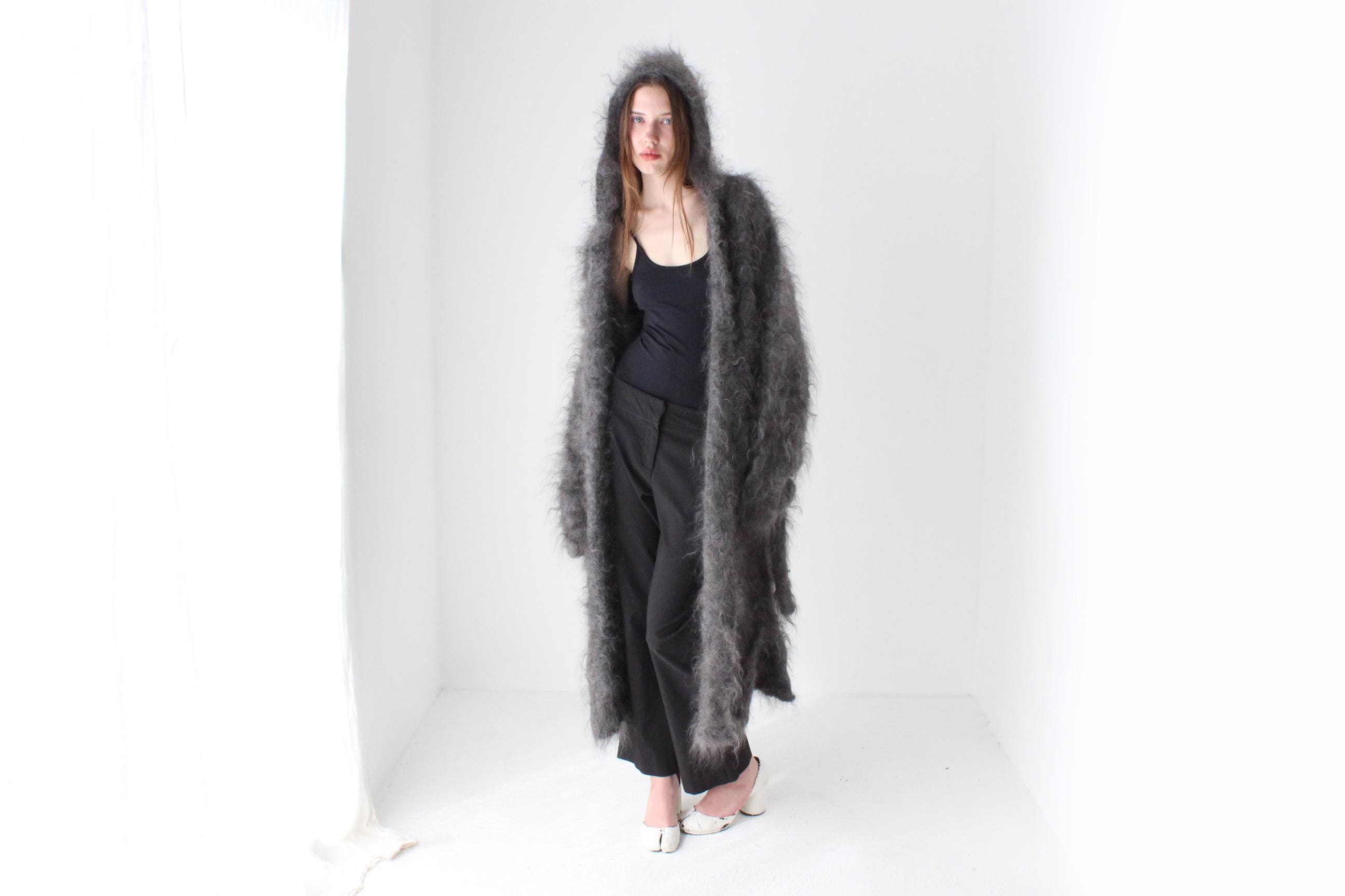 Hand Knit Mohair Hooded Long Cardigan
