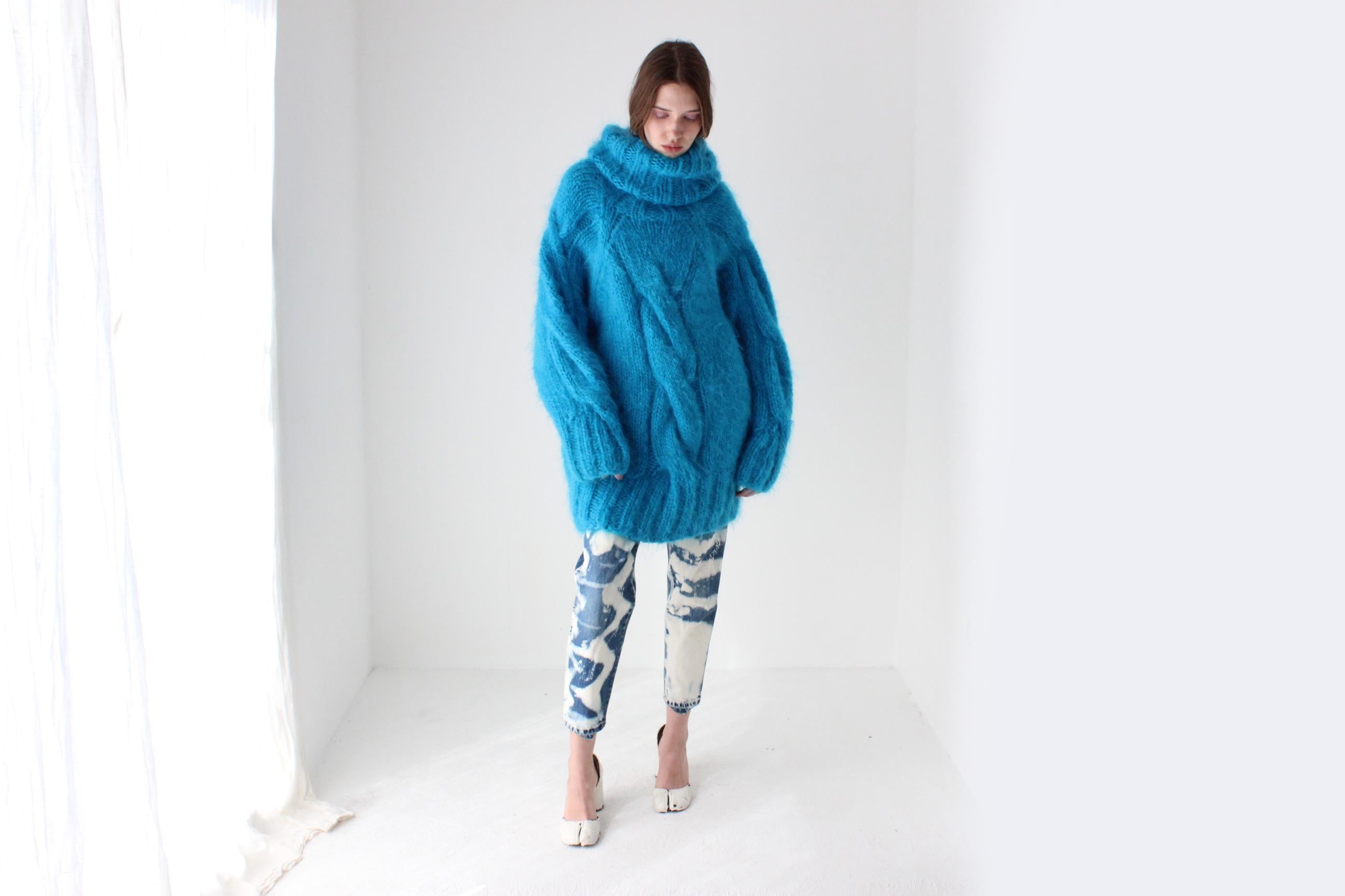 Aqua Hand Knit Wool & Mohair Cable Knit Sweater
