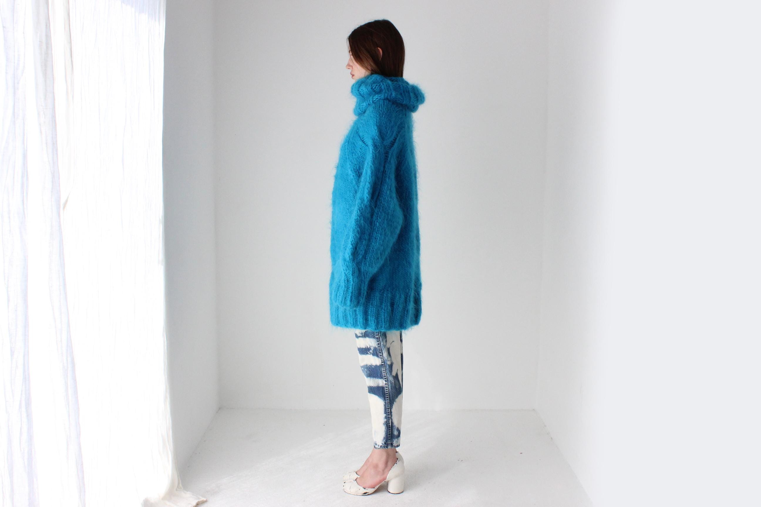 Aqua Hand Knit Wool & Mohair Cable Knit Sweater