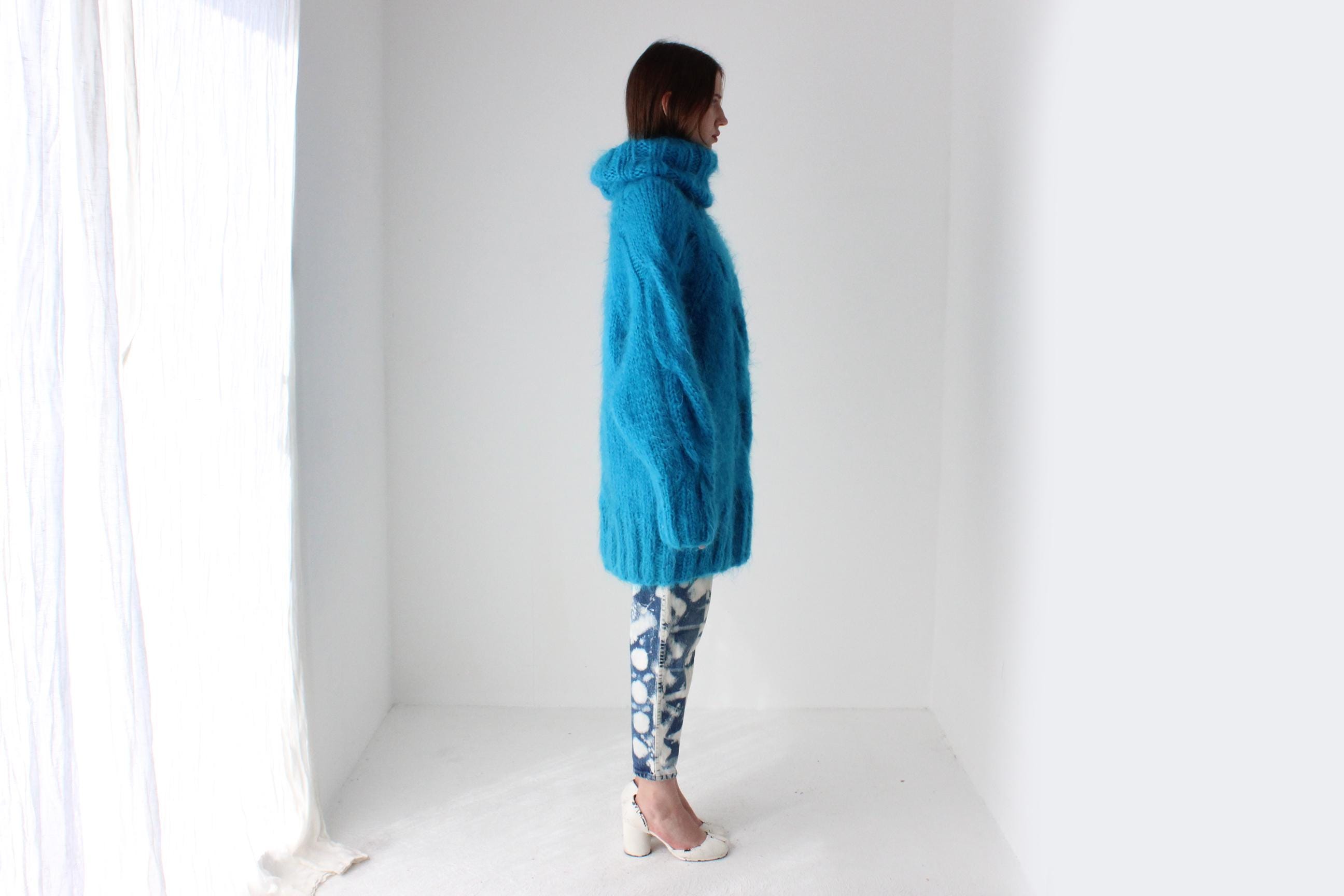 Aqua Hand Knit Wool & Mohair Cable Knit Sweater