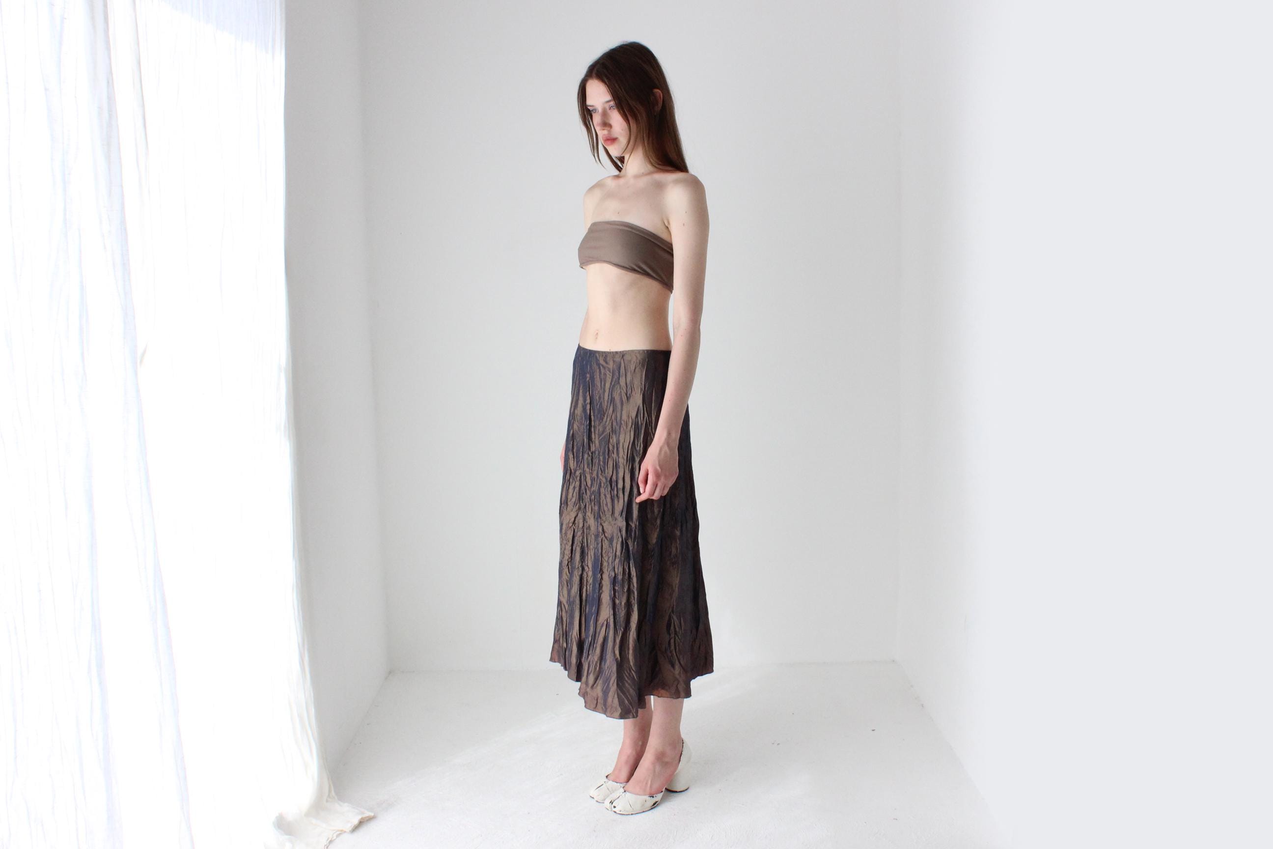Y2K French Designer Metallic Crinkle Midi Skirt