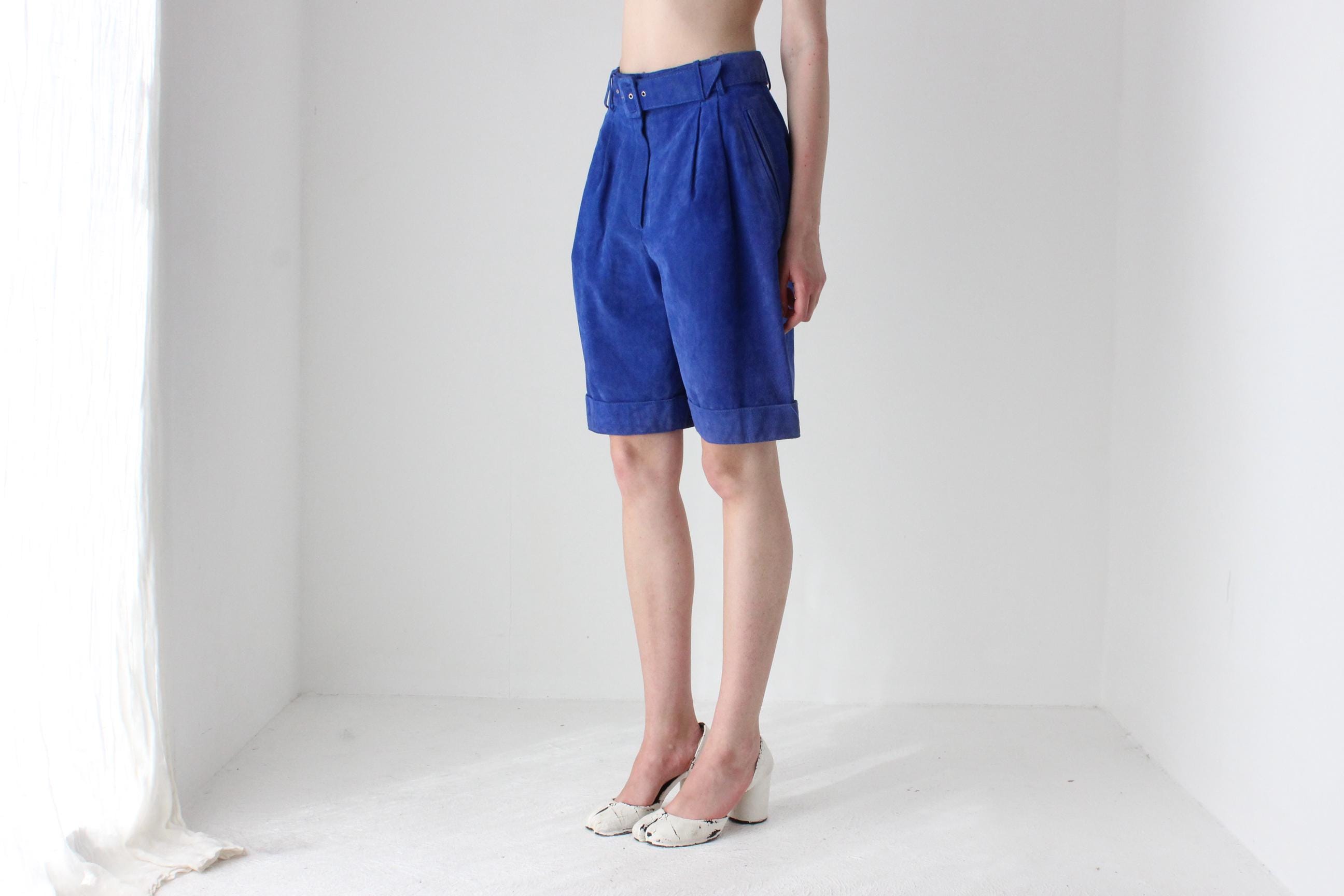 80s Cobalt Suede Knee Length Shorts w/ Belt