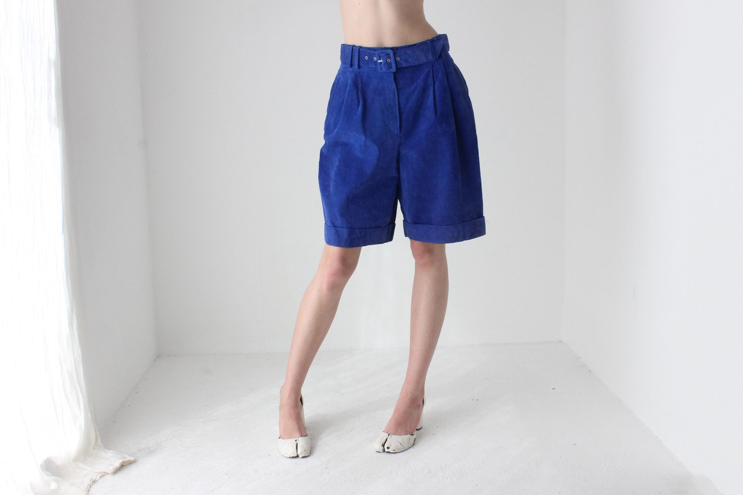 80s Cobalt Suede Knee Length Shorts w/ Belt