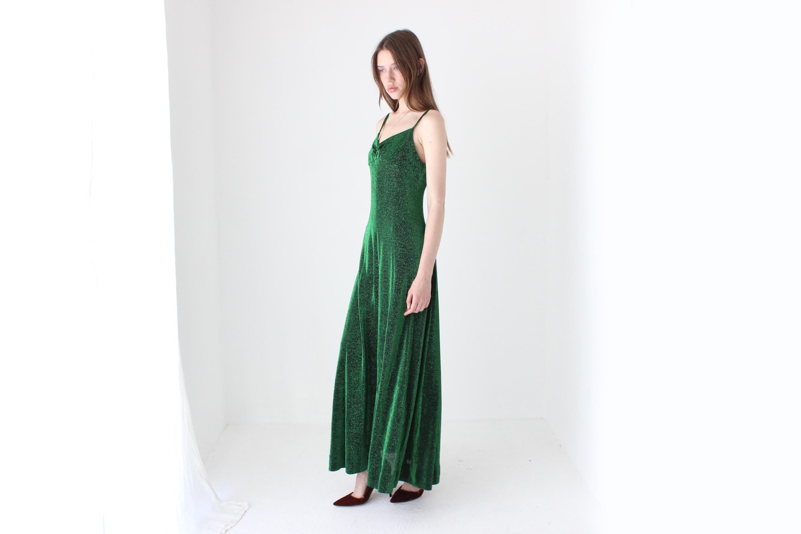 70s Moss Green Metallic Lurex Disco Gown w/ Matching Bolero