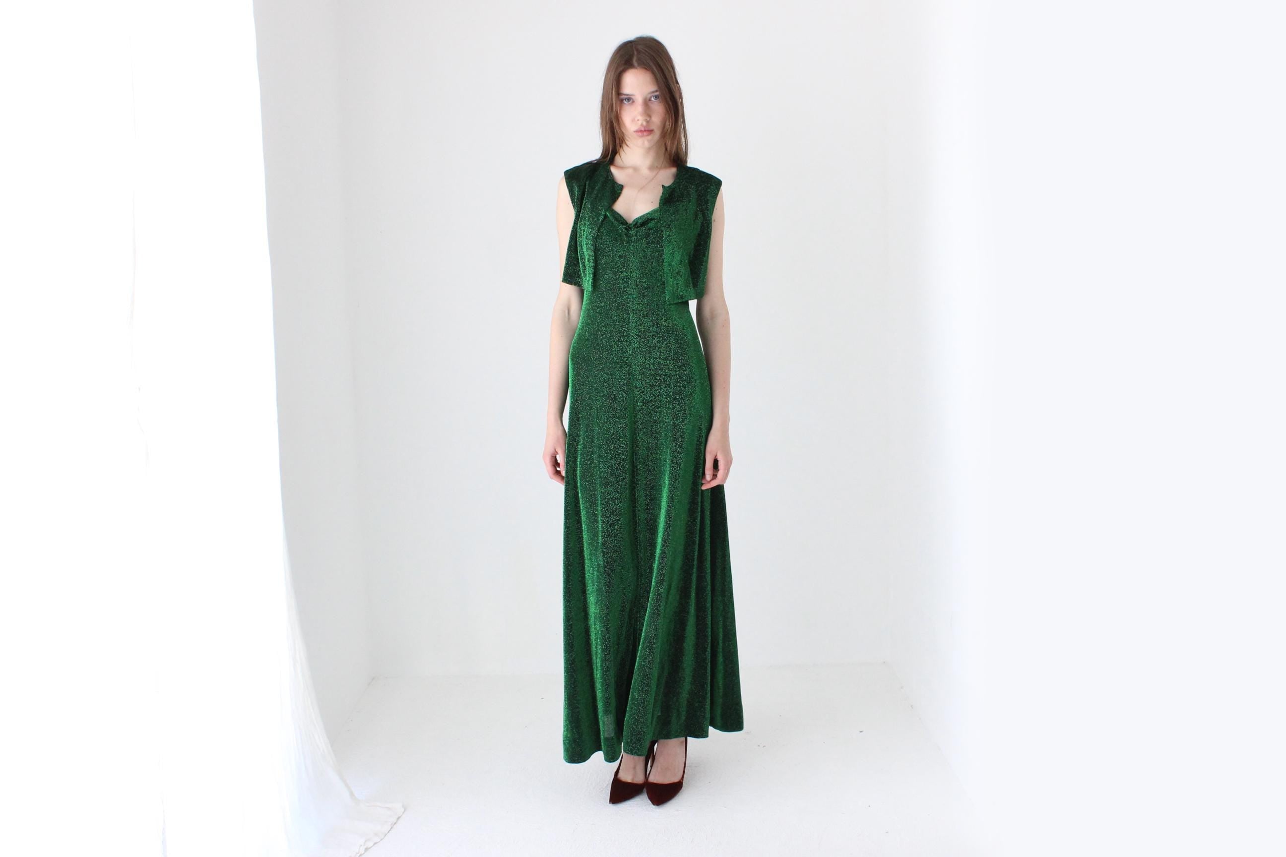 70s Moss Green Metallic Lurex Disco Gown w/ Matching Bolero