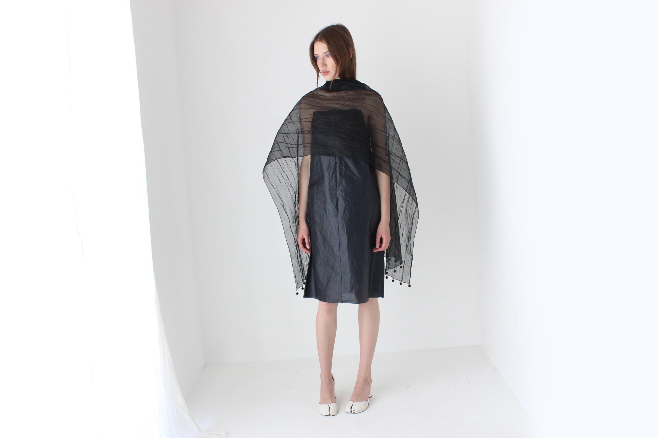 Unreal Crinkle Organza Multi-Way Shawl w/ Beaded Pom Poms