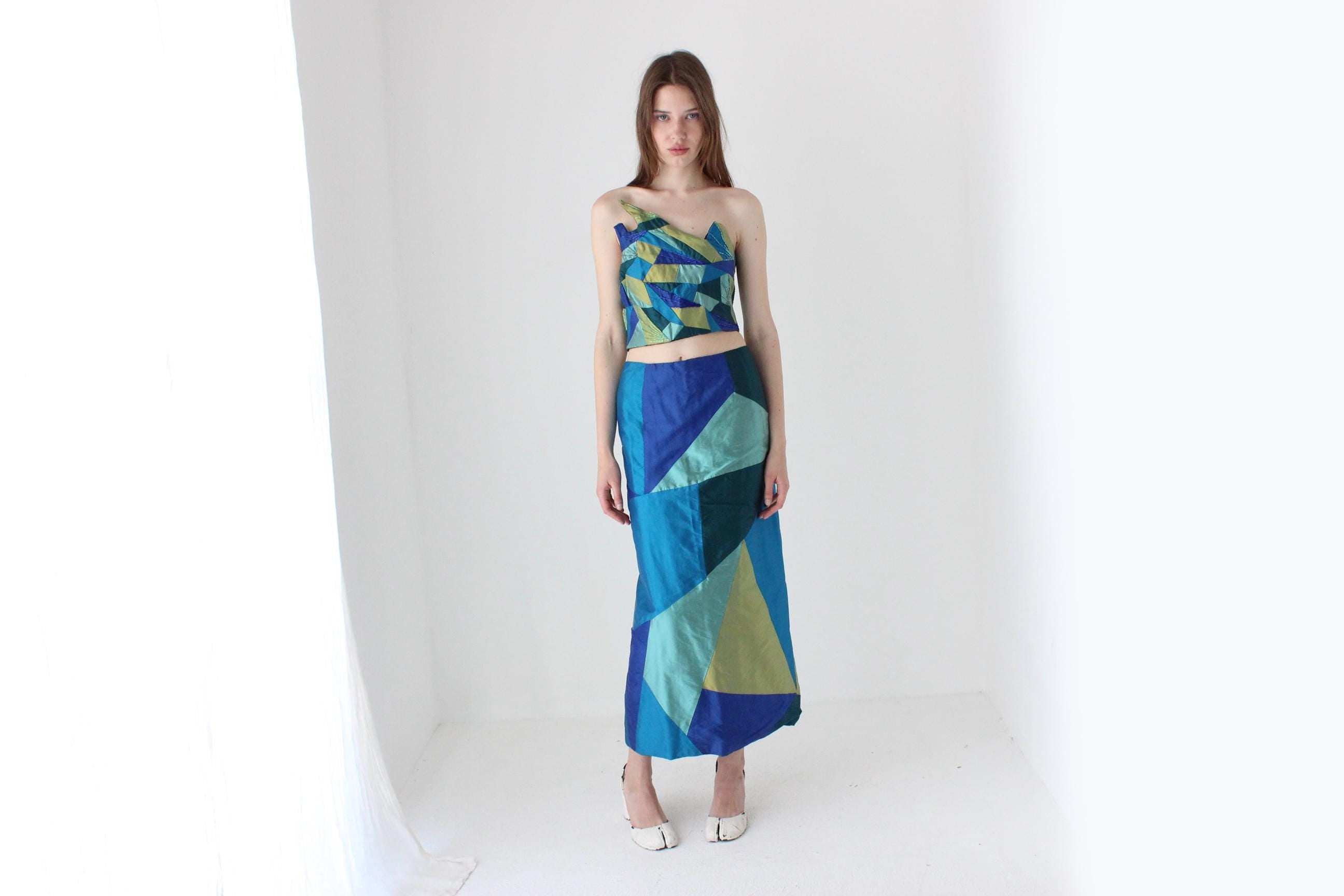 90s Thai Silk Patchwork Two Piece Top & Skirt Set
