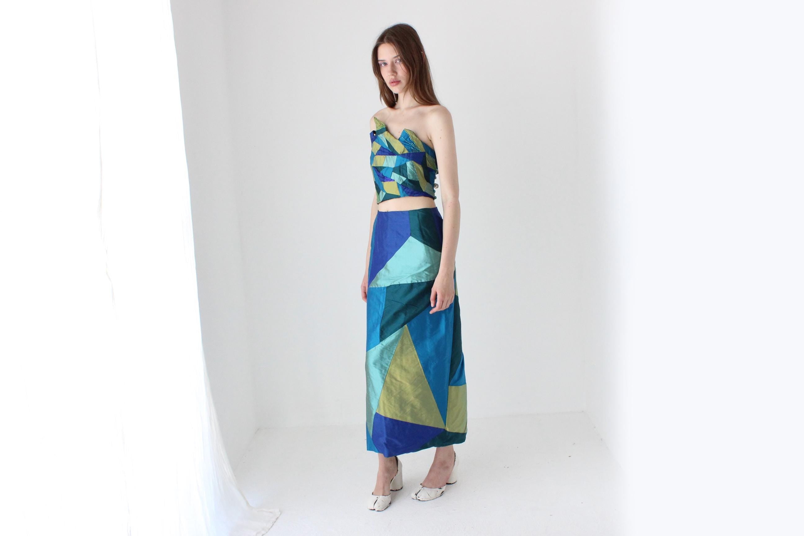 90s Thai Silk Patchwork Two Piece Top & Skirt Set