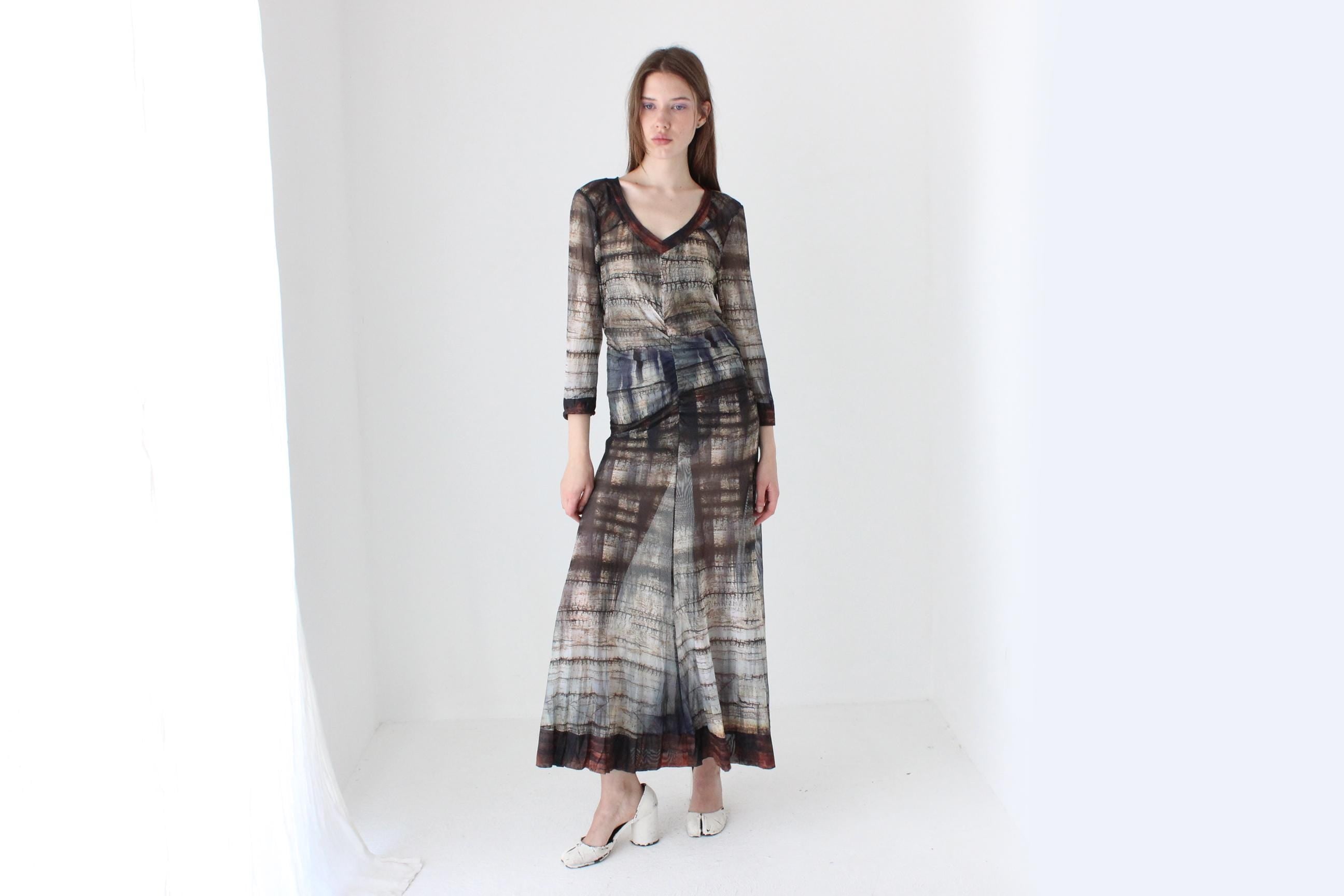 Y2K Printed Mesh Witchy Long Sleeve Maxi Dress