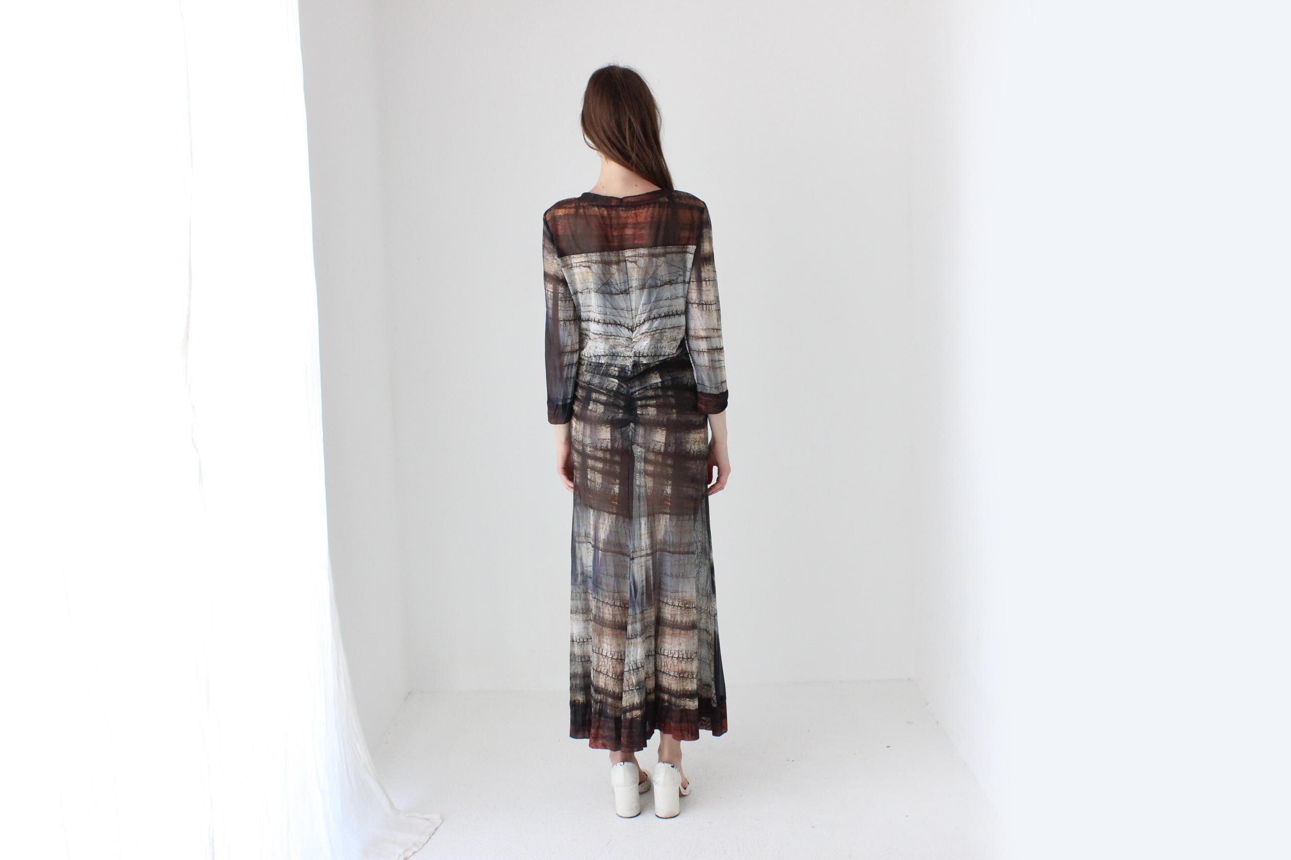 Y2K Printed Mesh Witchy Long Sleeve Maxi Dress