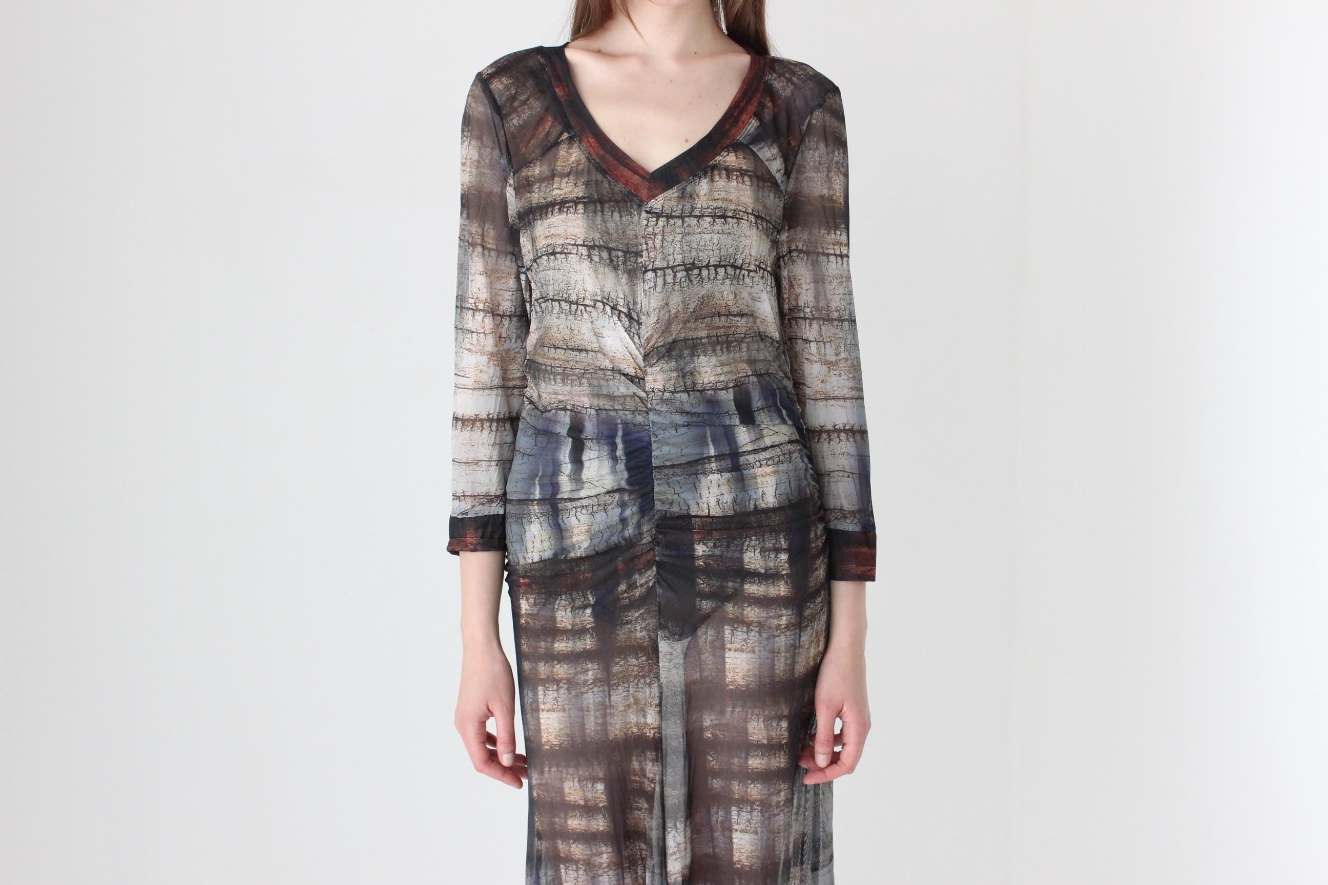 Y2K Printed Mesh Witchy Long Sleeve Maxi Dress