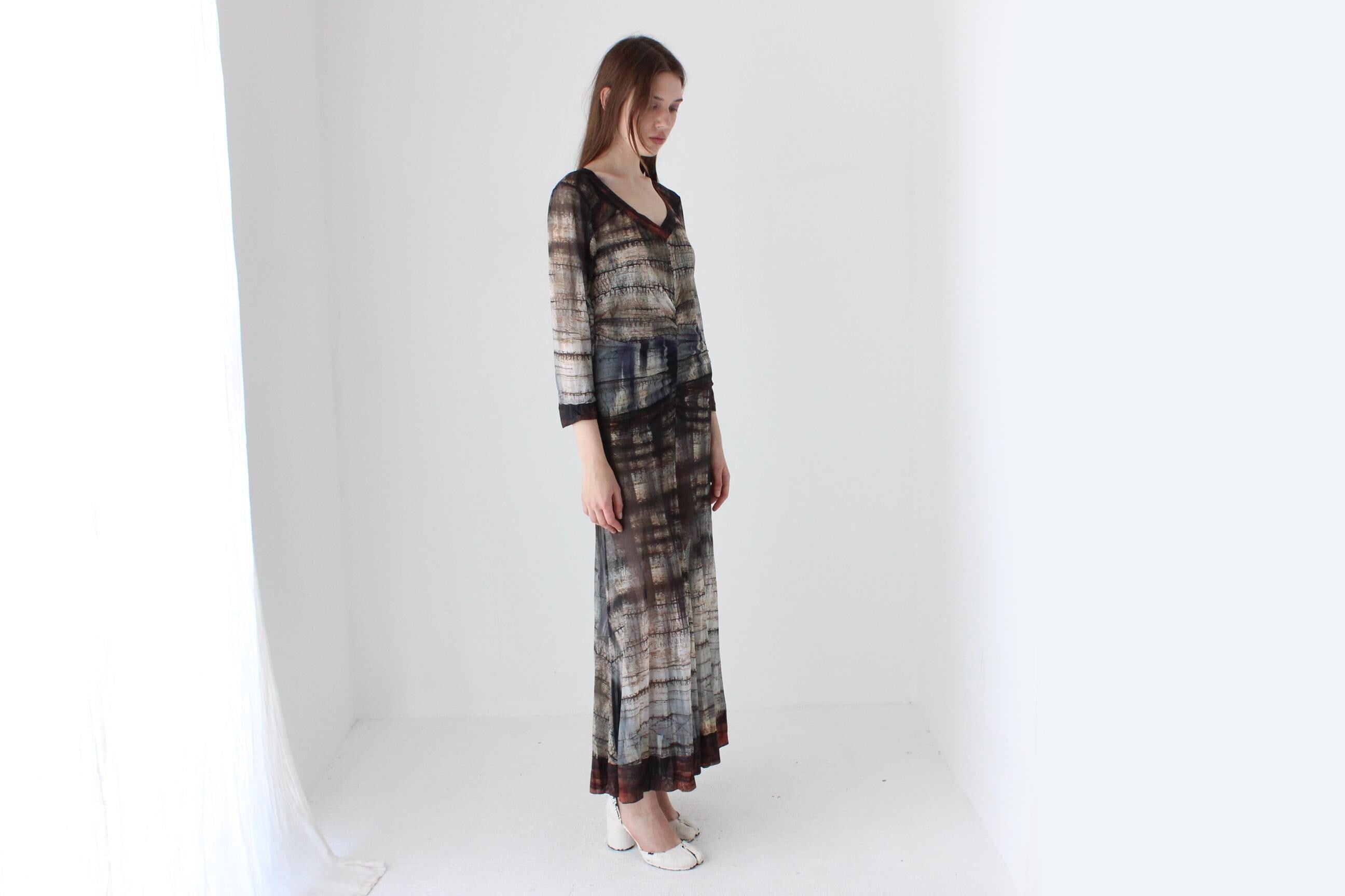 Y2K Printed Mesh Witchy Long Sleeve Maxi Dress