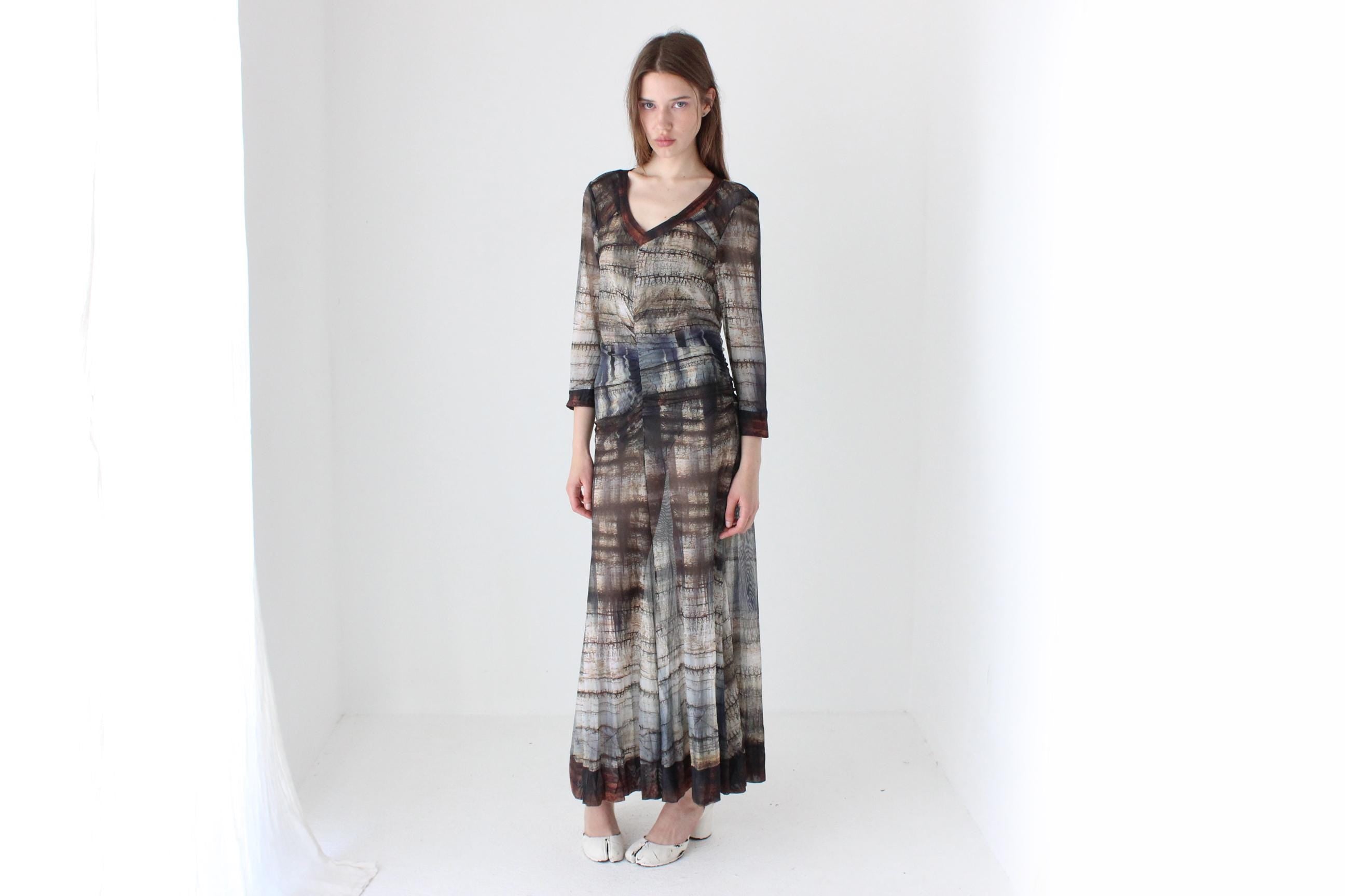 Y2K Printed Mesh Witchy Long Sleeve Maxi Dress