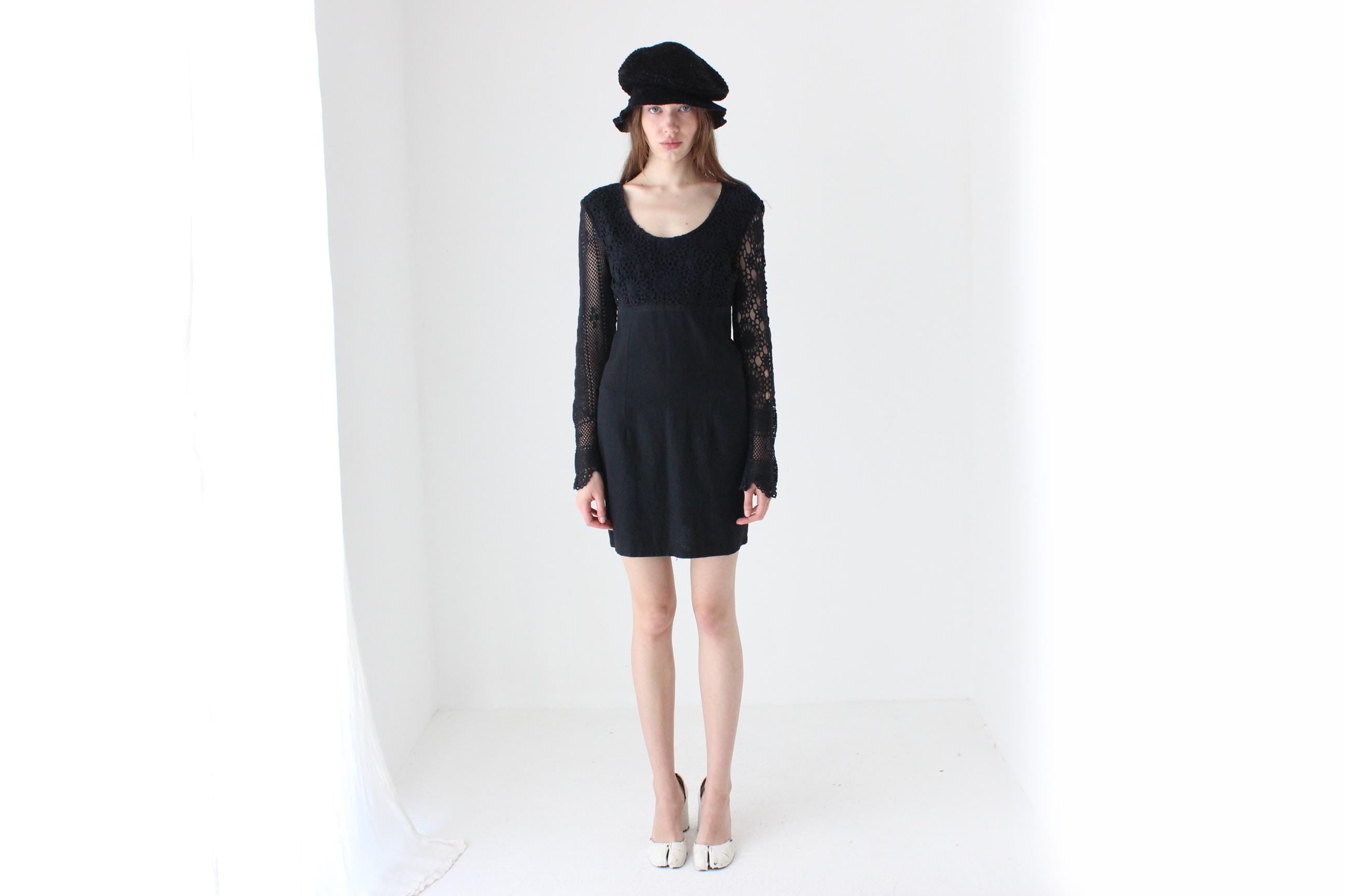 90s Cotton Crochet Long Sleeve Mini