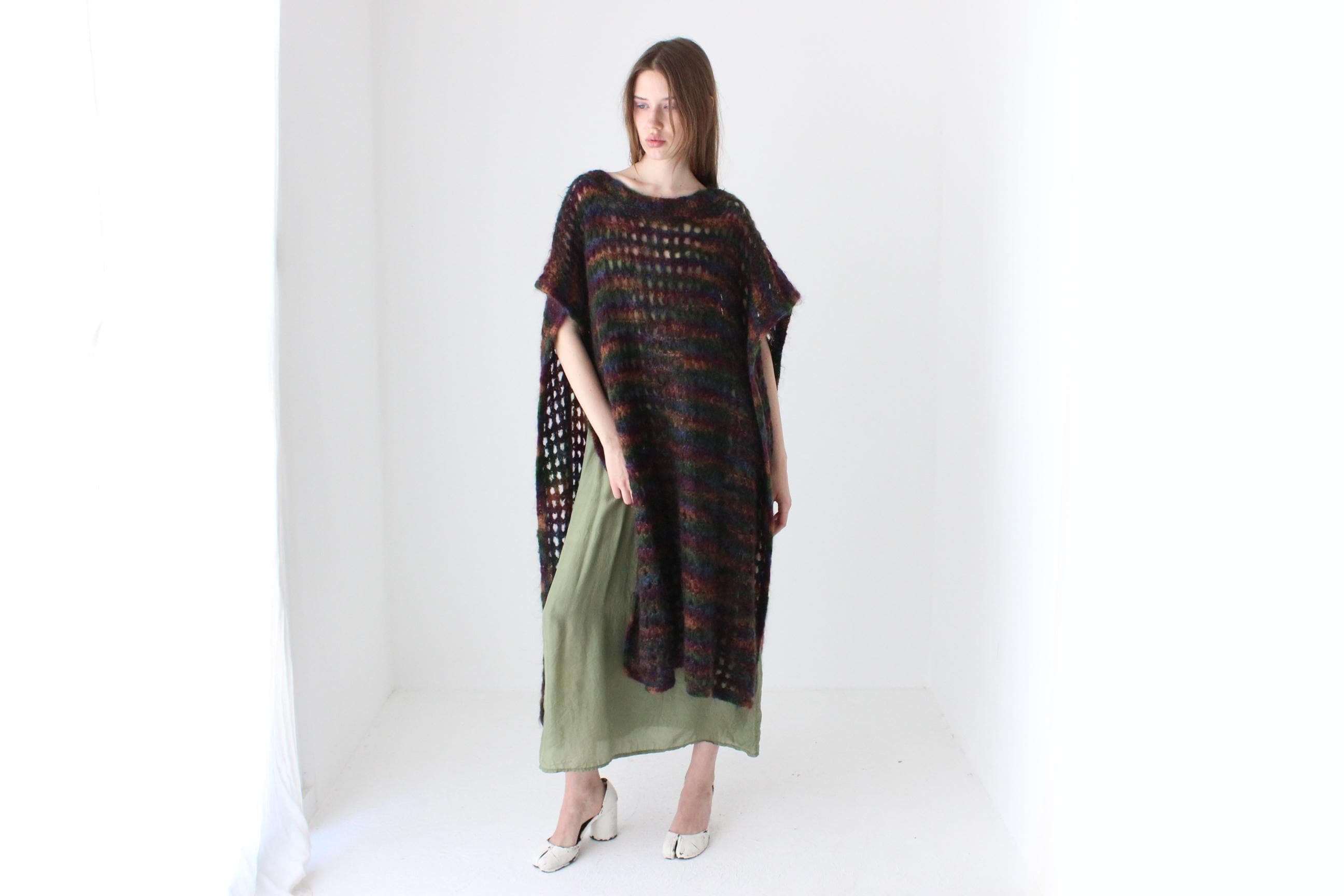90s Hand Knit Mohair Free Size Open Sided Poncho Dress