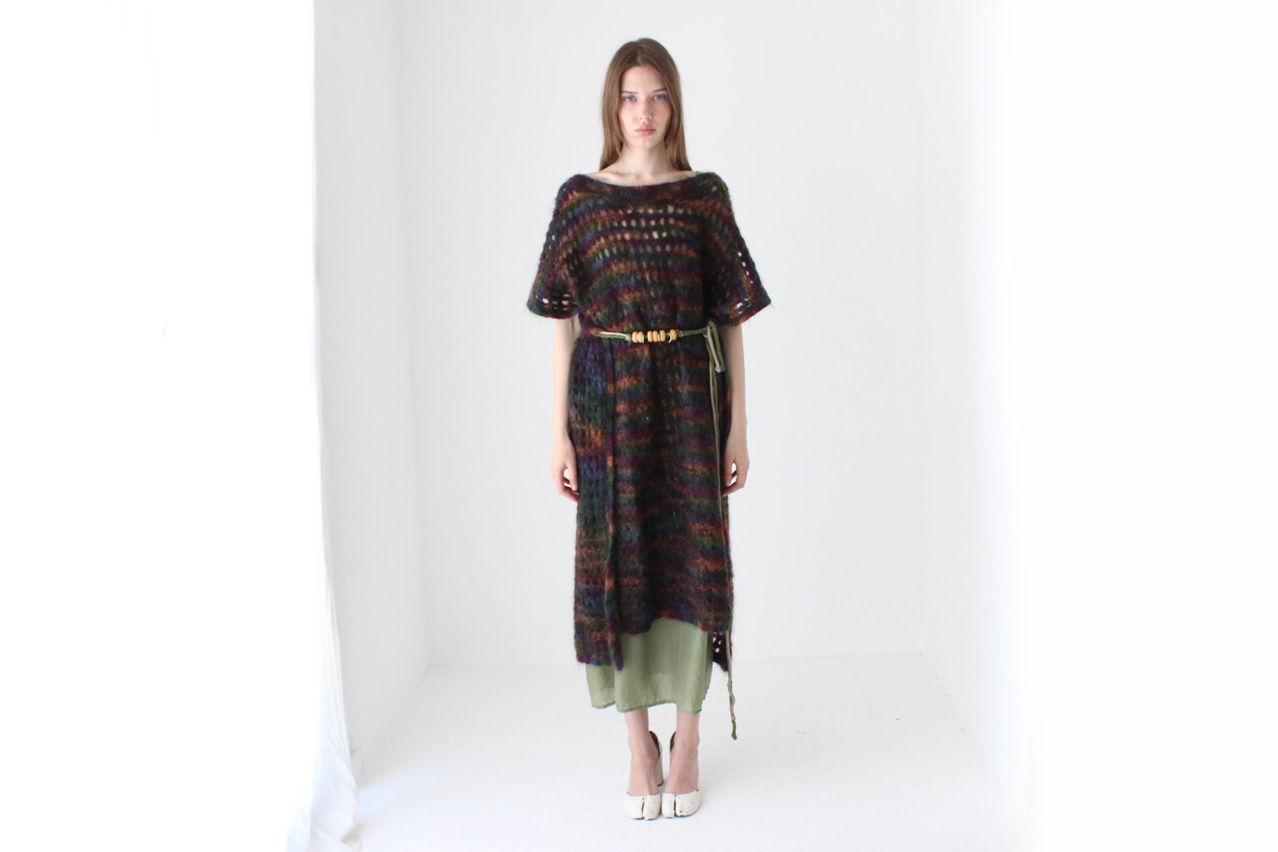 90s Hand Knit Mohair Free Size Open Sided Poncho Dress