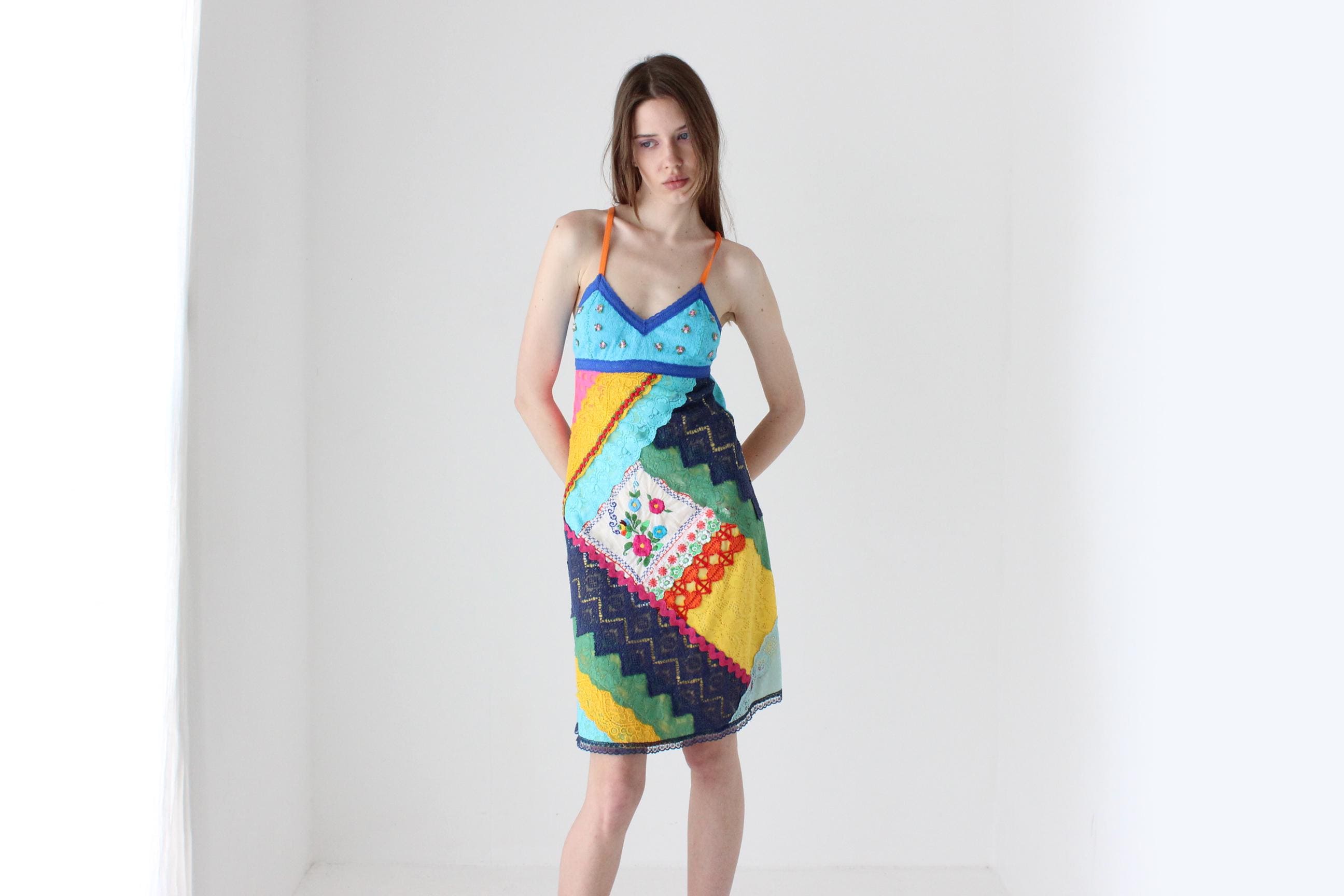 90s Bright Patchwork Lace Halter Dress
