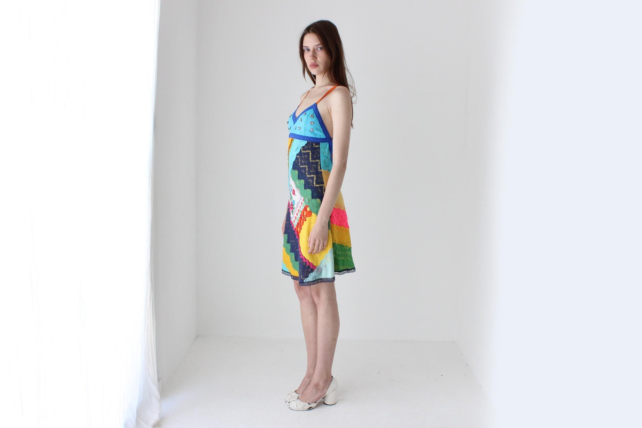 90s Bright Patchwork Lace Halter Dress