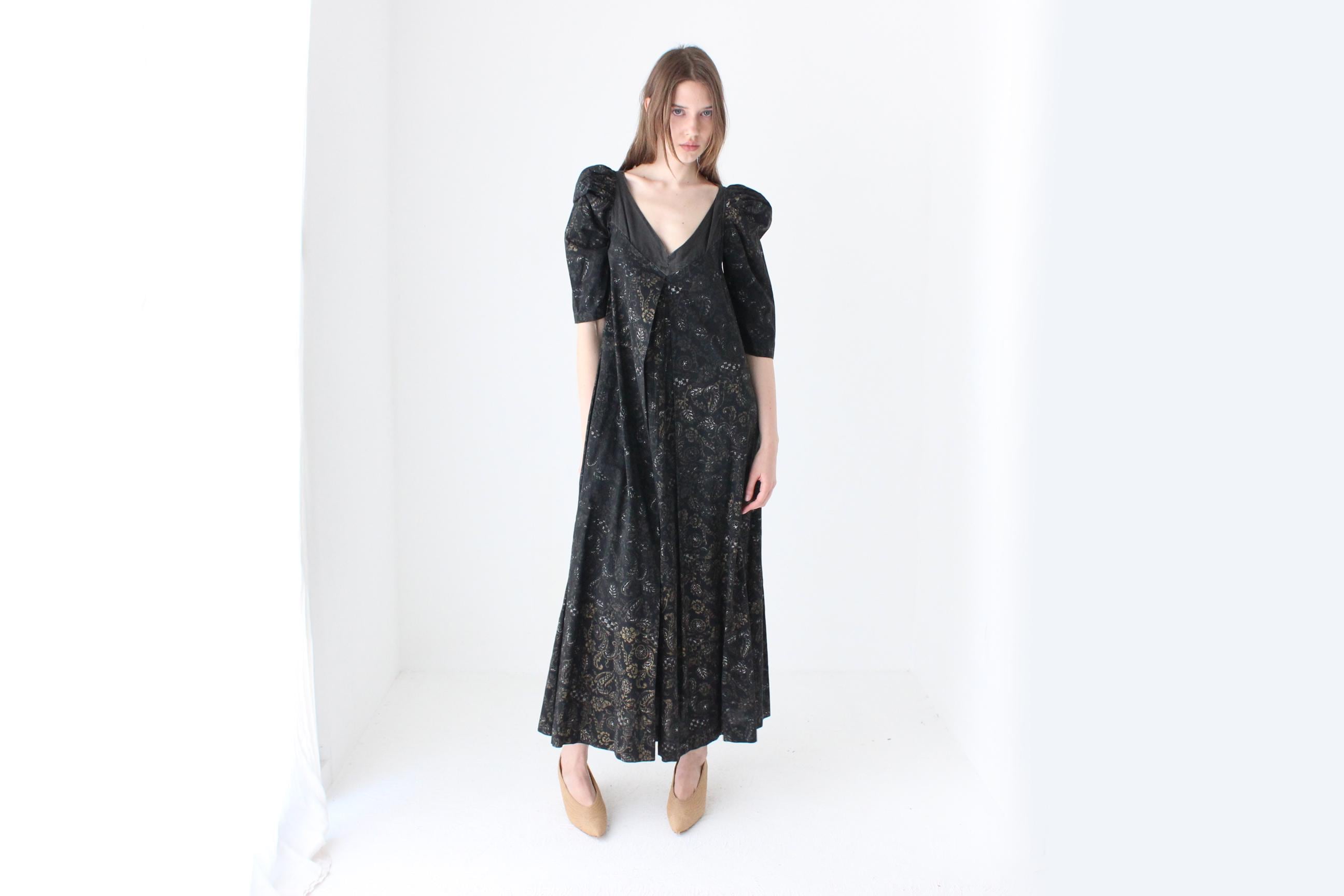 Antique 40s Hand Painted Cotton Puff Sleeve Trapeze Dress