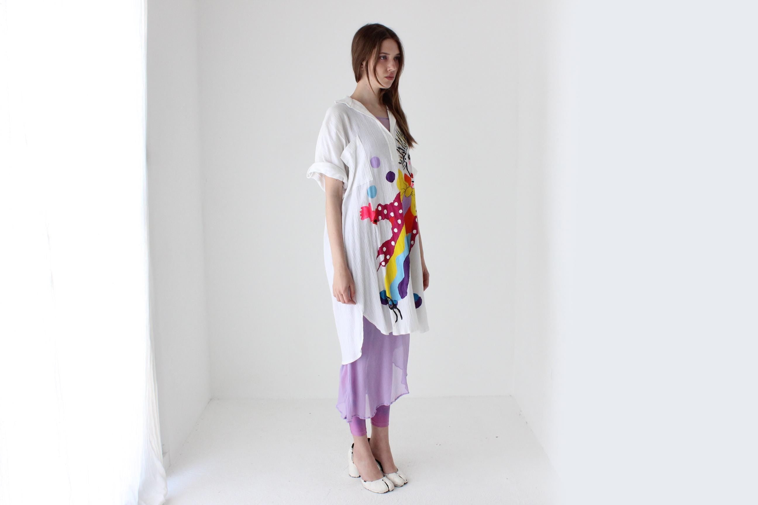 Kooky 80s Novelty Hand Painted Clown Shirt Dress