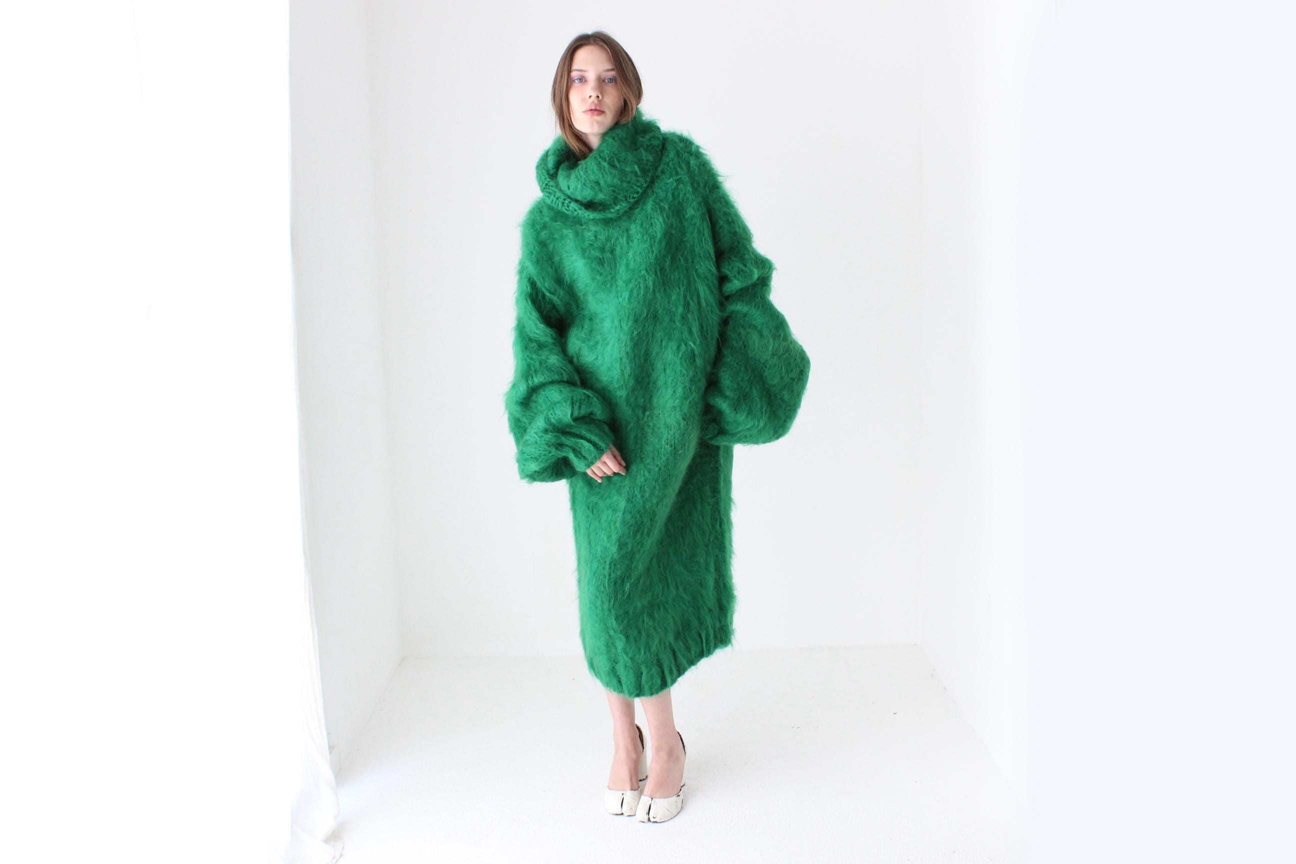 Vibrant Green Hand Knit Mohair Oversized Sweater Dress