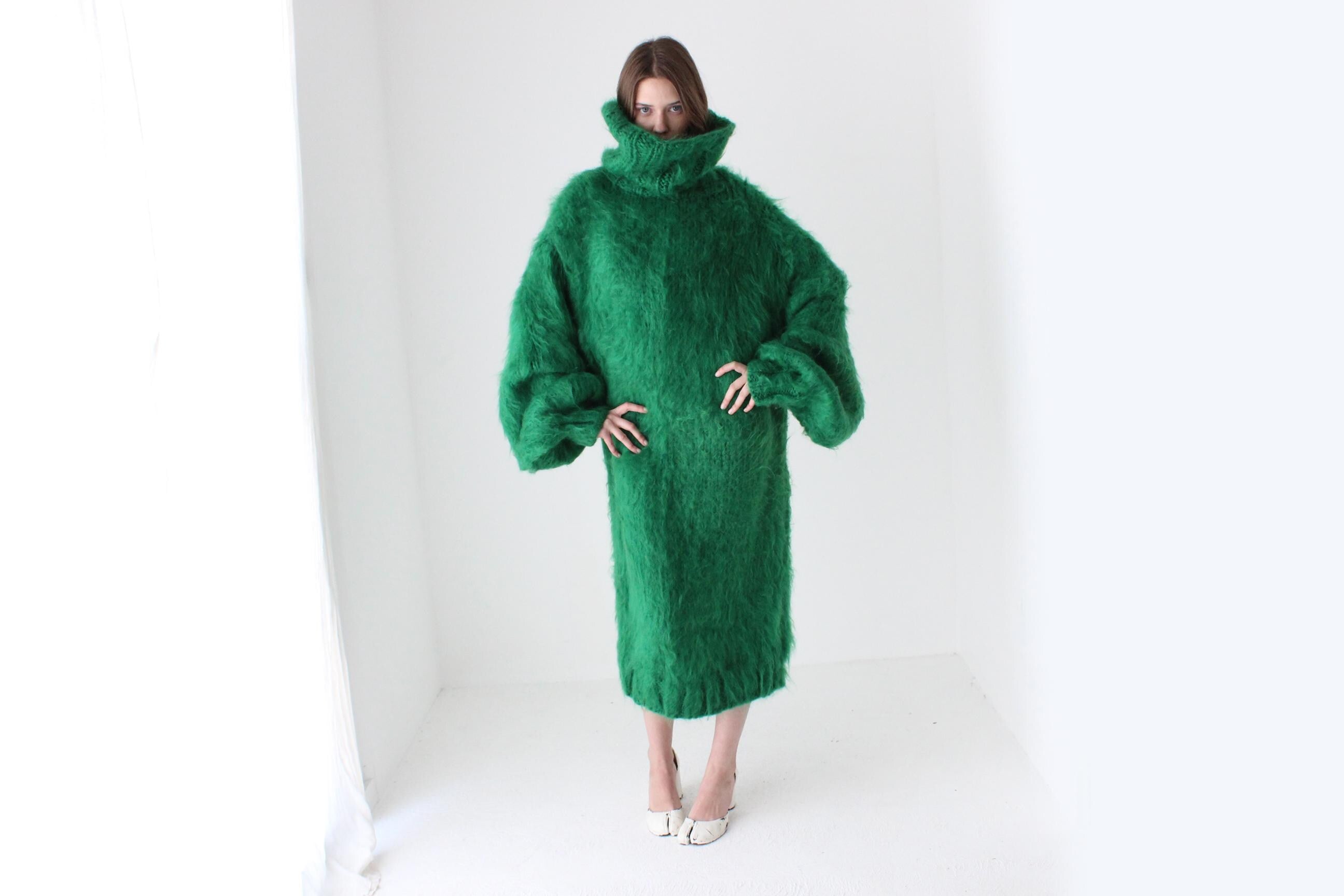 Vibrant Green Hand Knit Mohair Oversized Sweater Dress