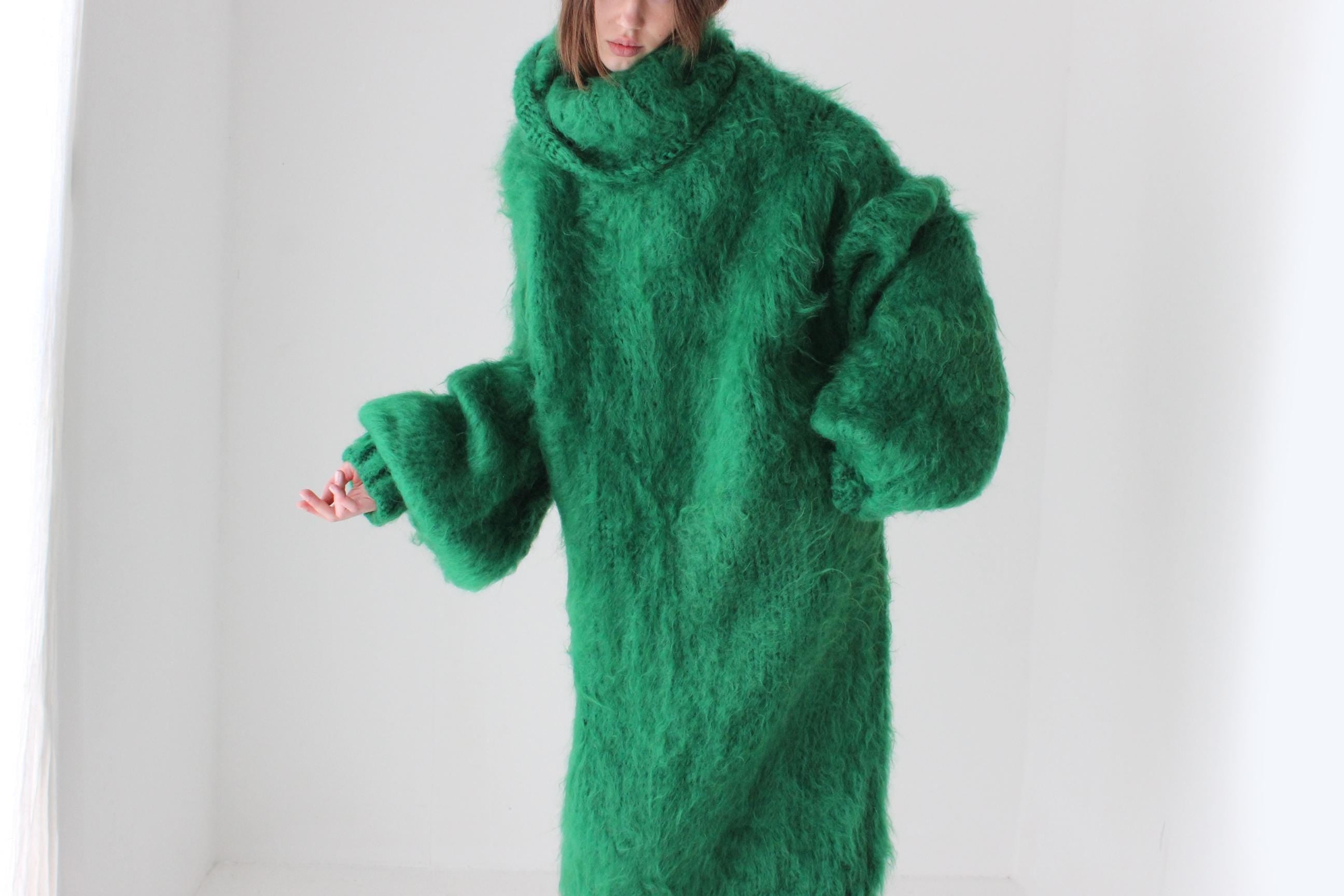 Vibrant Green Hand Knit Mohair Oversized Sweater Dress