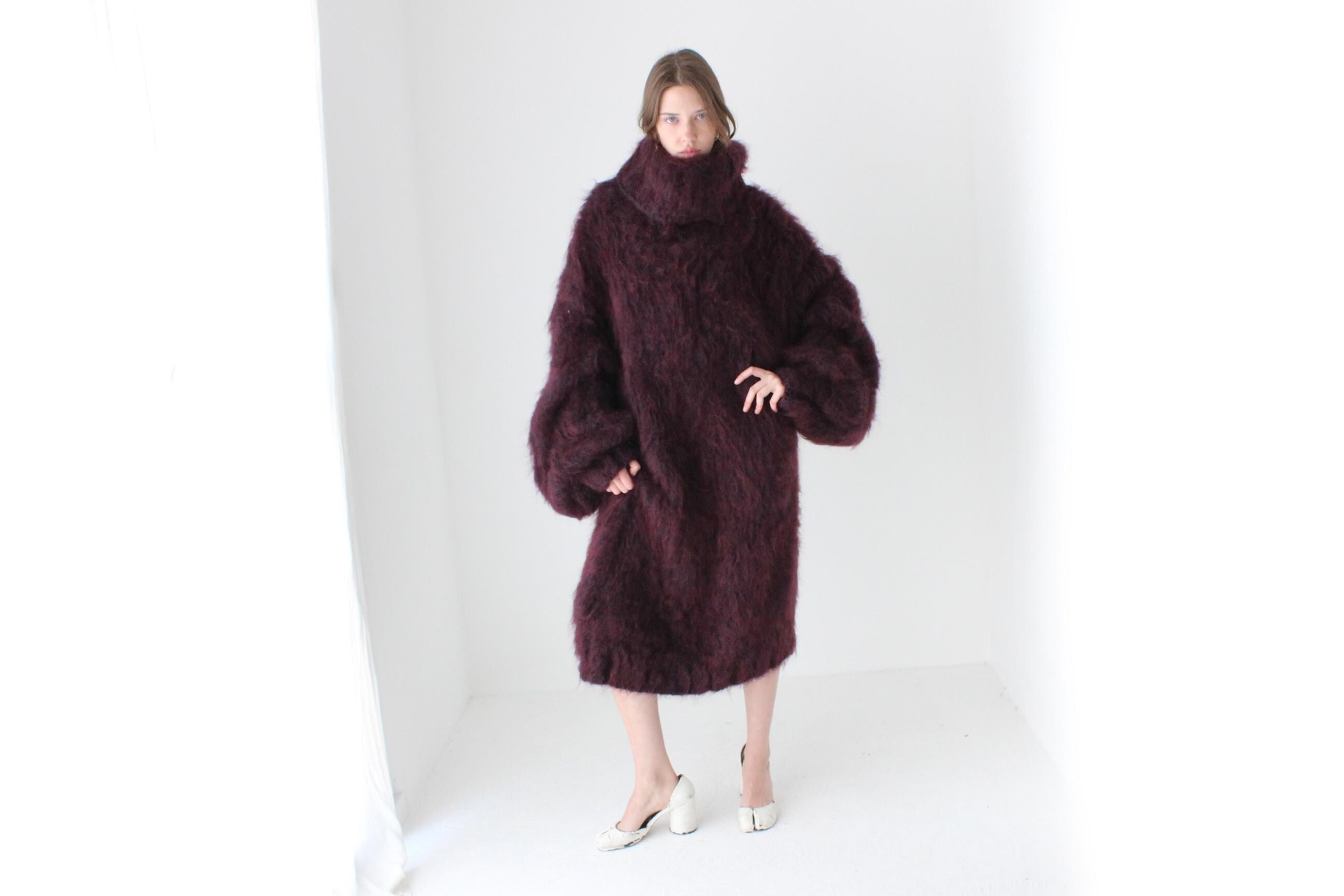 Outrageous Hand Knit Mohair Sweater Dress in Aubergine