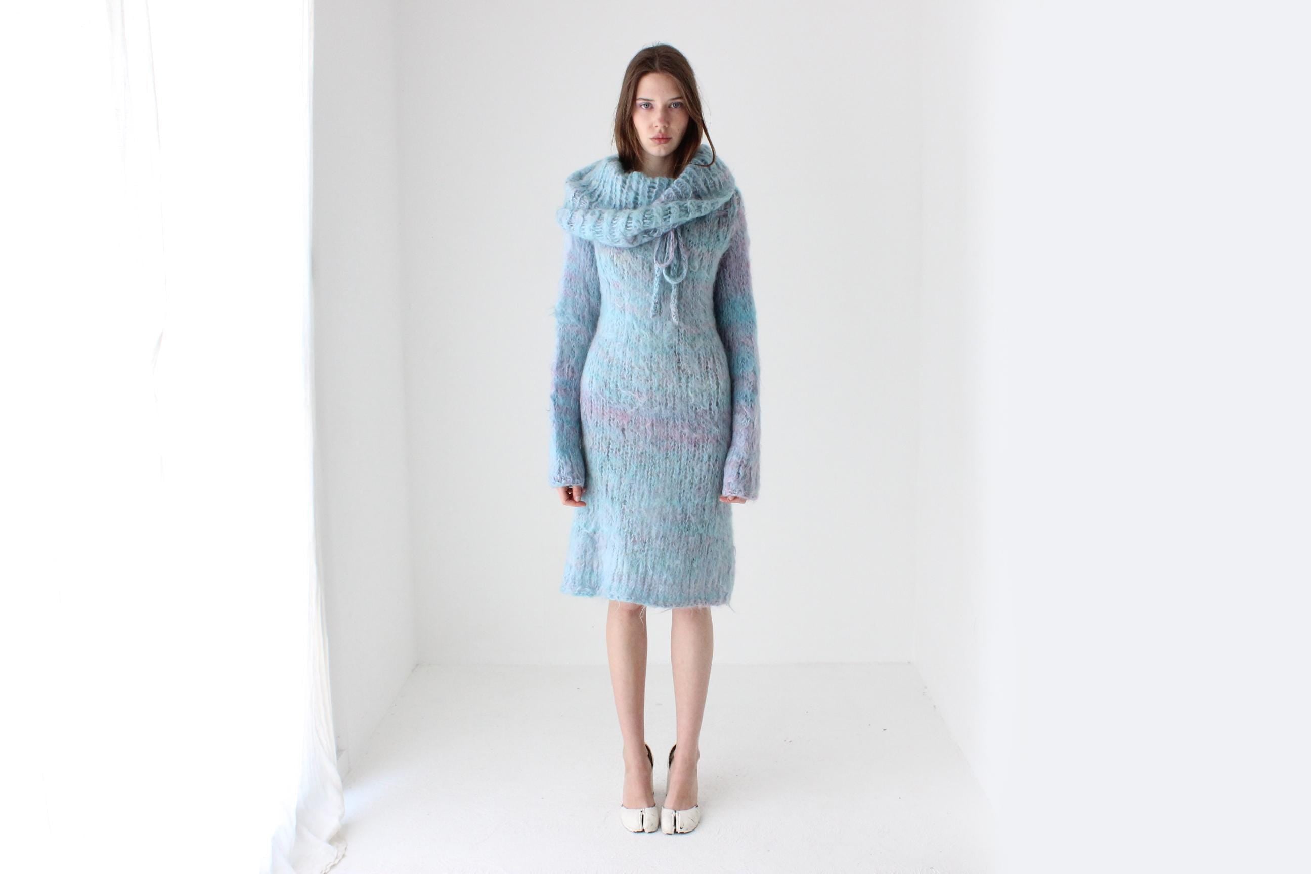80s Mottled Pastel Hand Knit Mohair Sweater Dress
