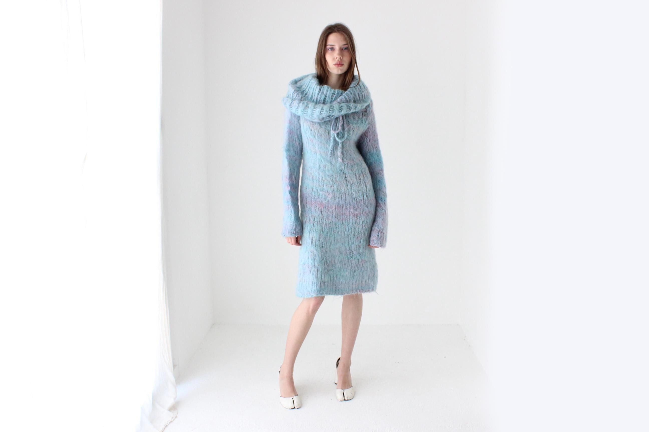 80s Mottled Pastel Hand Knit Mohair Sweater Dress