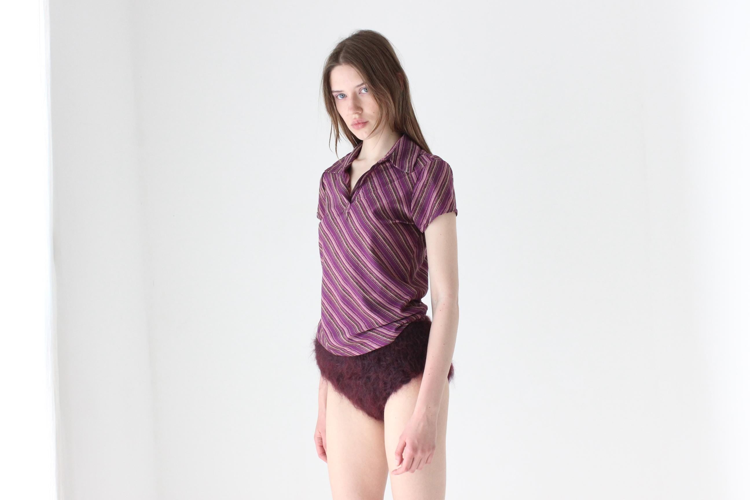 Y2K Metallic Stripe Collared Disco Tee