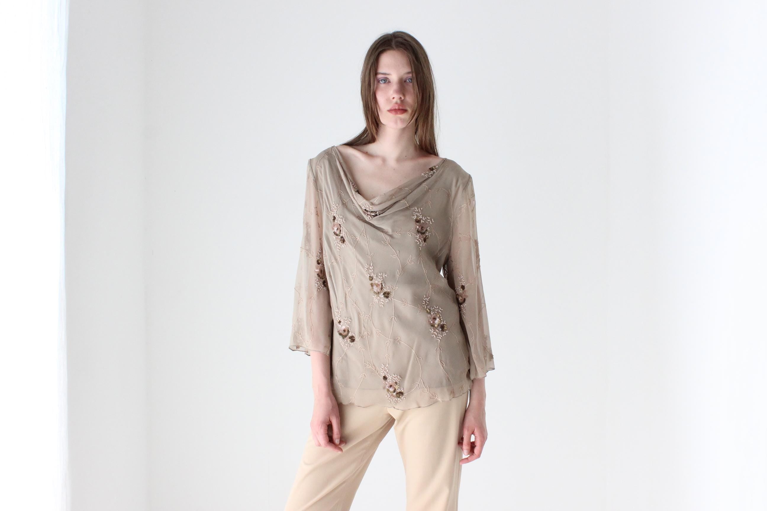 Y2K Beige Silk Cowl Neck Top