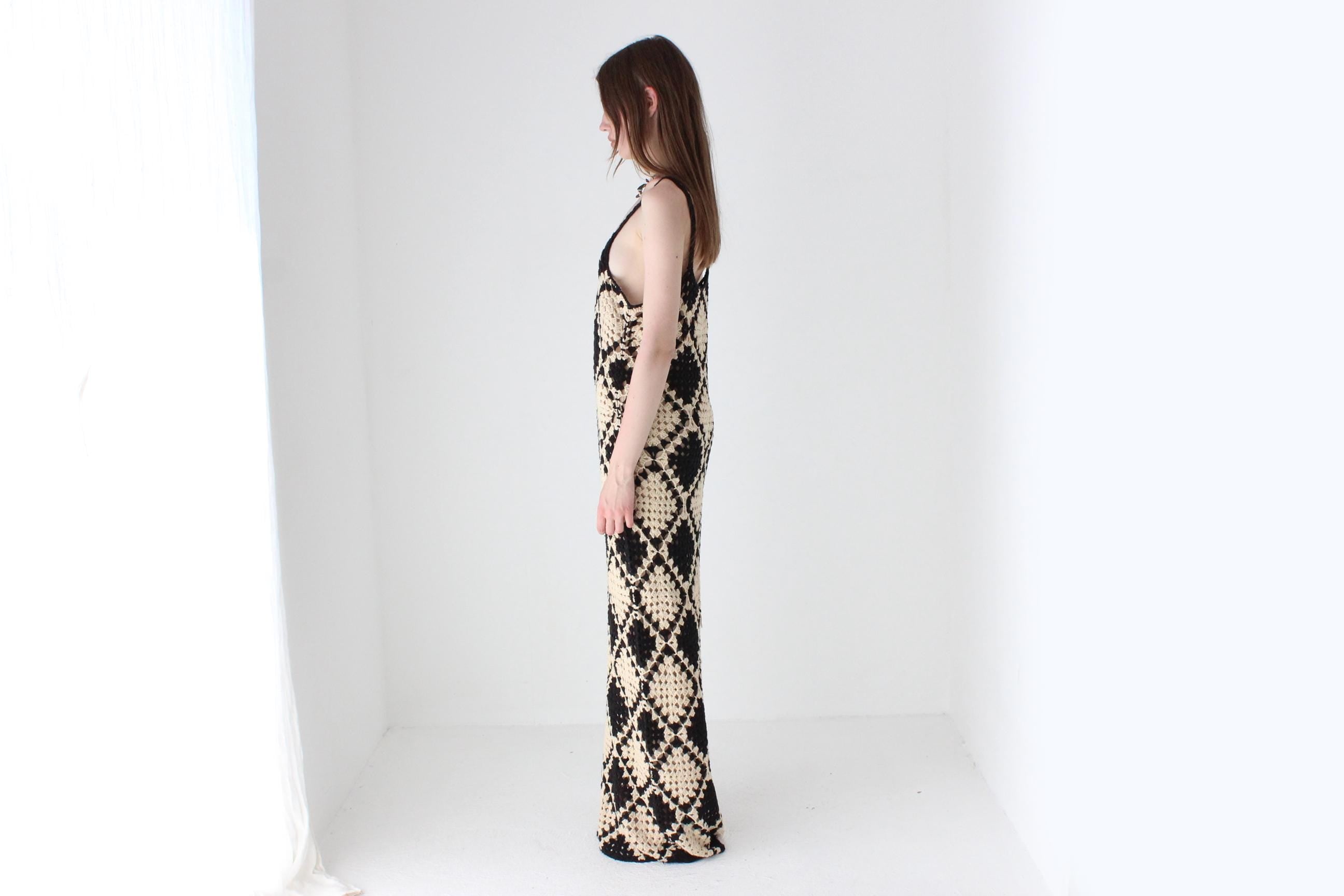 Black & Beige Square Crochet Knit Maxi Dress