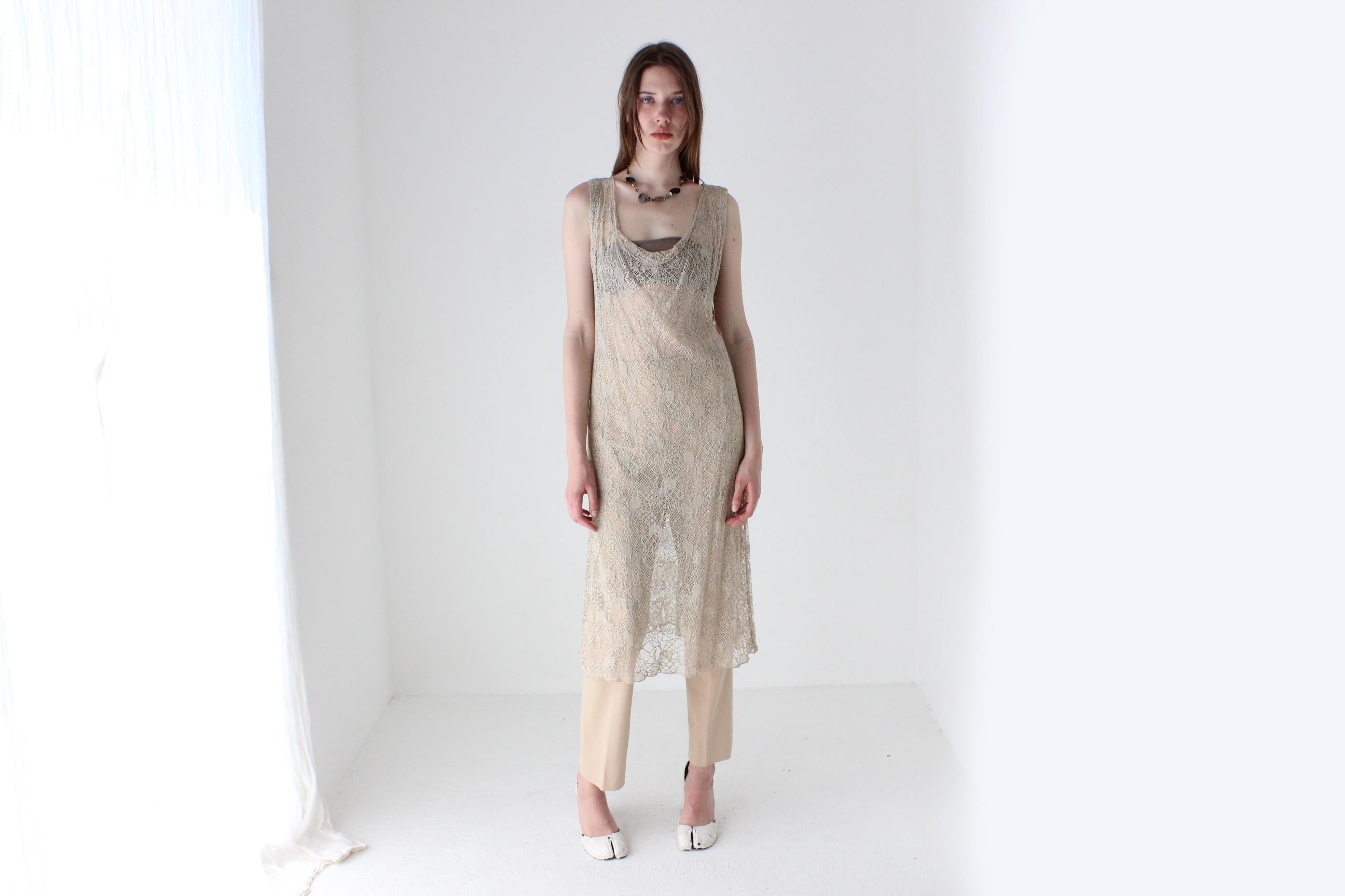 90s Italian Vintage Sheer Beige Lace Layering Dress