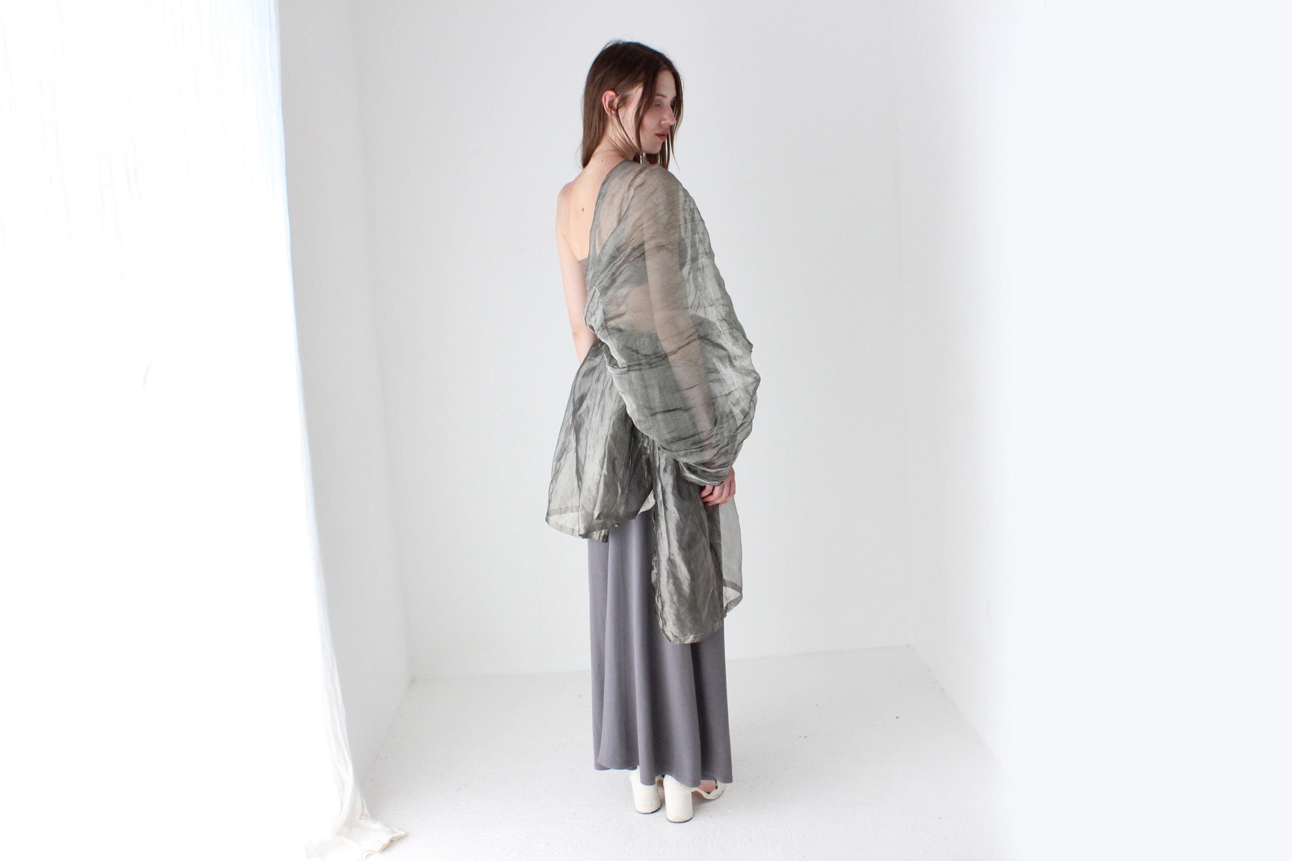 Metallic Silver Crinkle Organza Multi-Way Dramatic Shawl