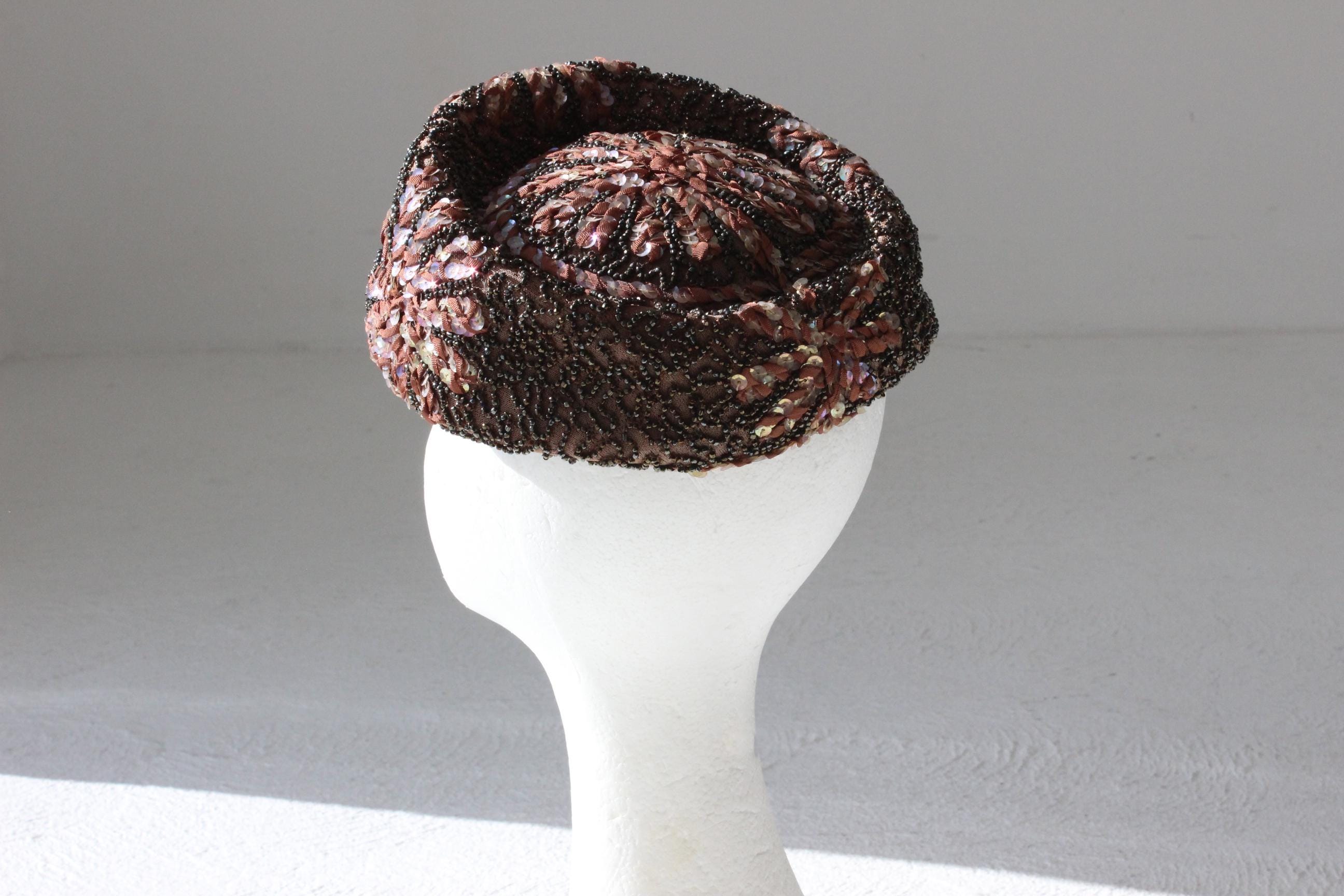 60s Joseph Magnin Hand Beaded & Sequin Plum Pillbox Hat