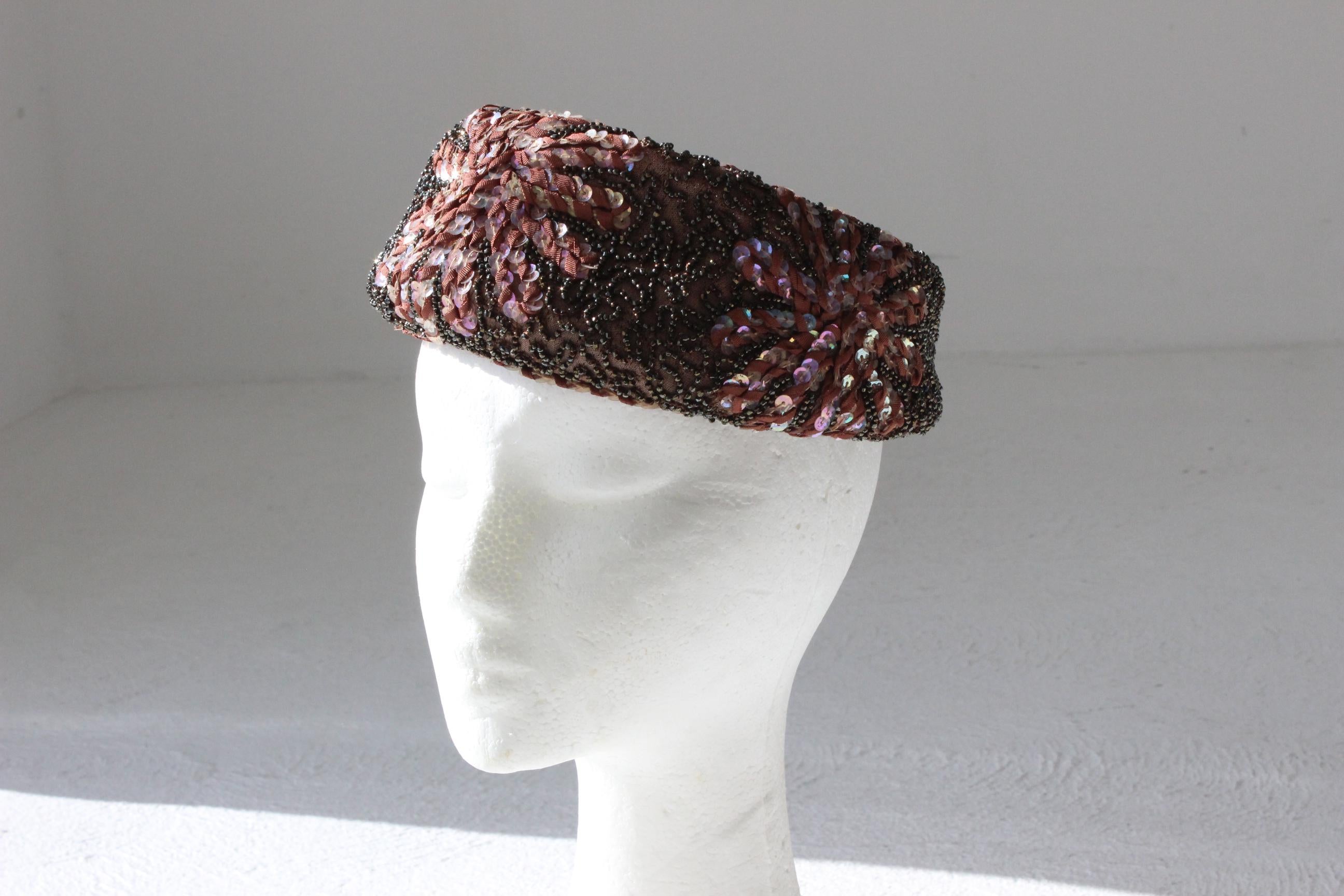 60s Joseph Magnin Hand Beaded & Sequin Plum Pillbox Hat
