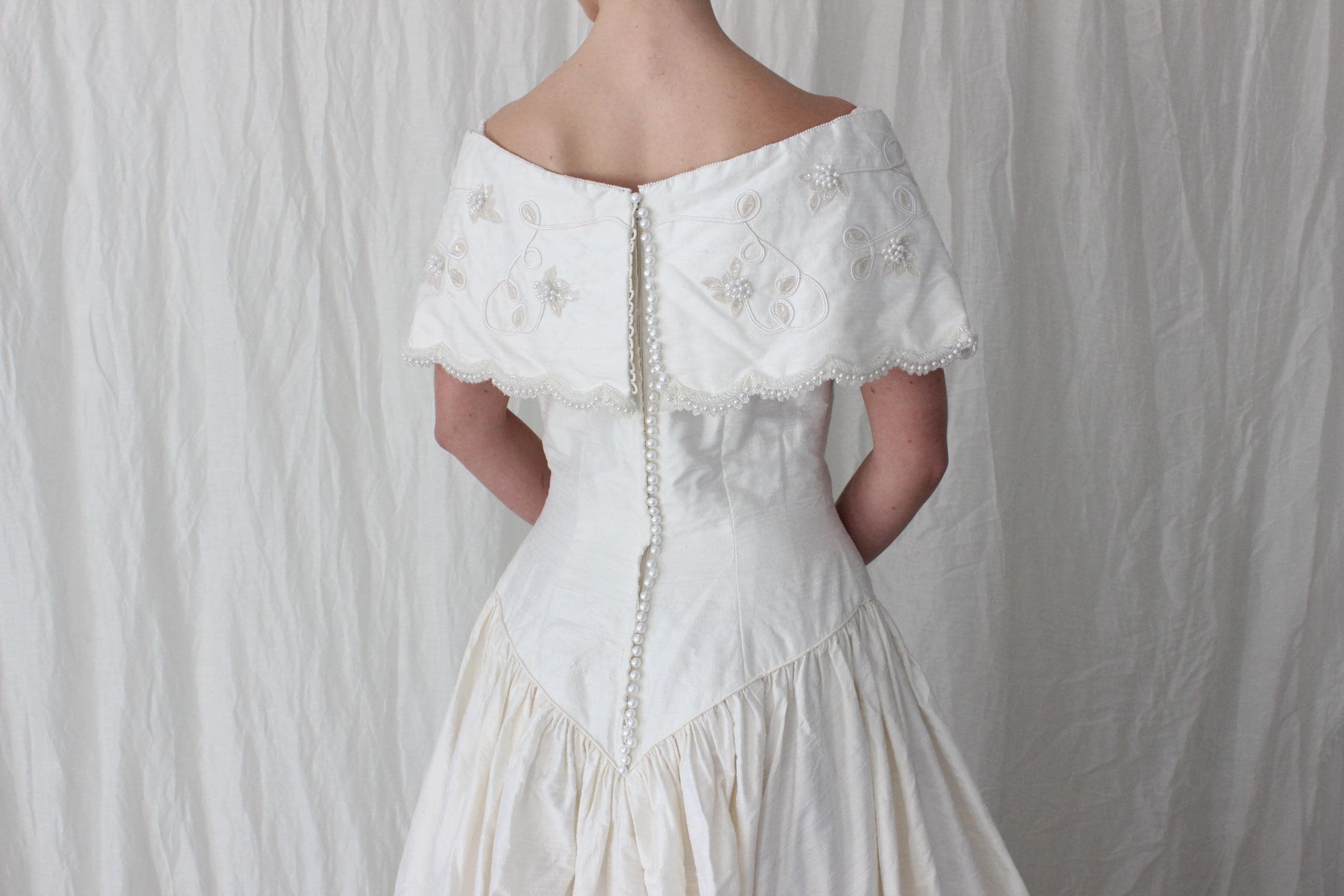 80s Silk Dupion Off Shoulder Gown w/ Pearl Scalloped Trim